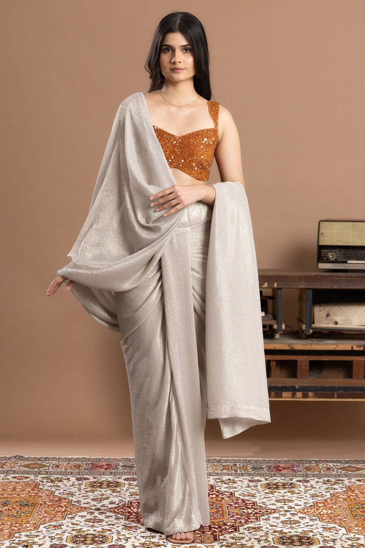Golden Crushed Tissue Saree Set