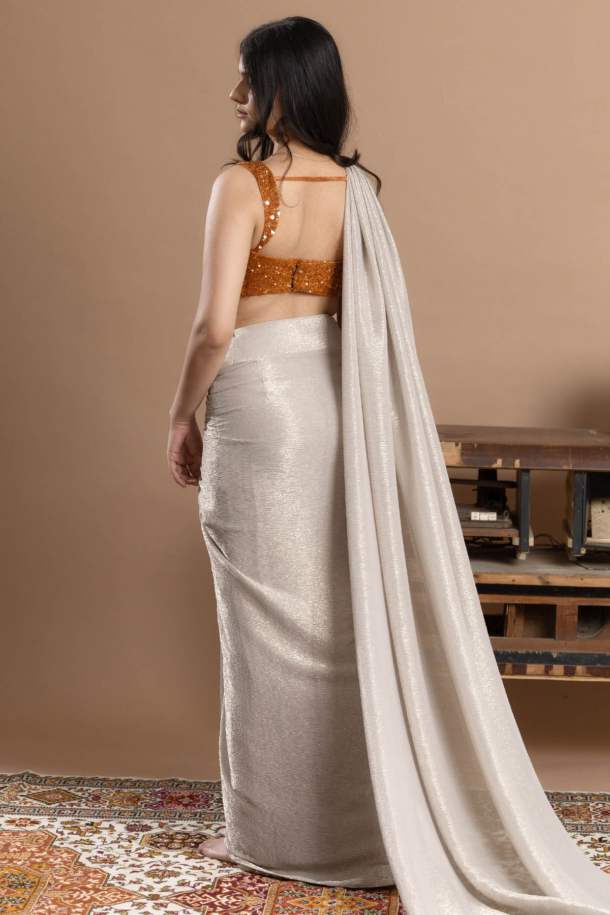 Golden Crushed Tissue Saree Set