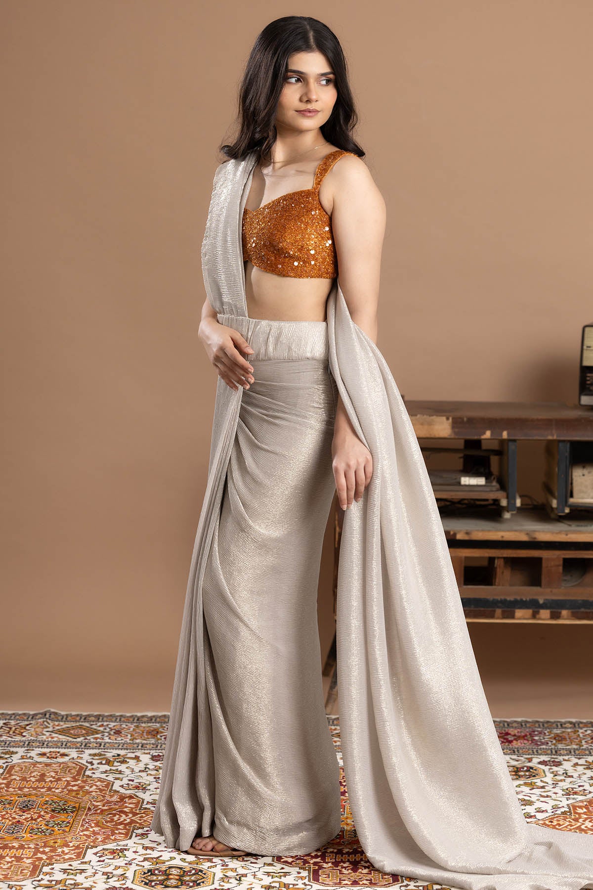 Golden Crushed Tissue Saree Set