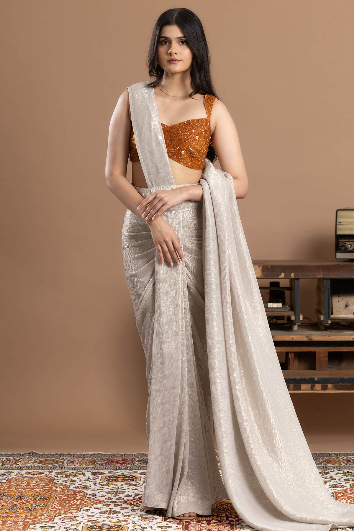 Buy Golden Crushed Tissue Saree Set for women by Rivaaj Couture online available at scrollnshops