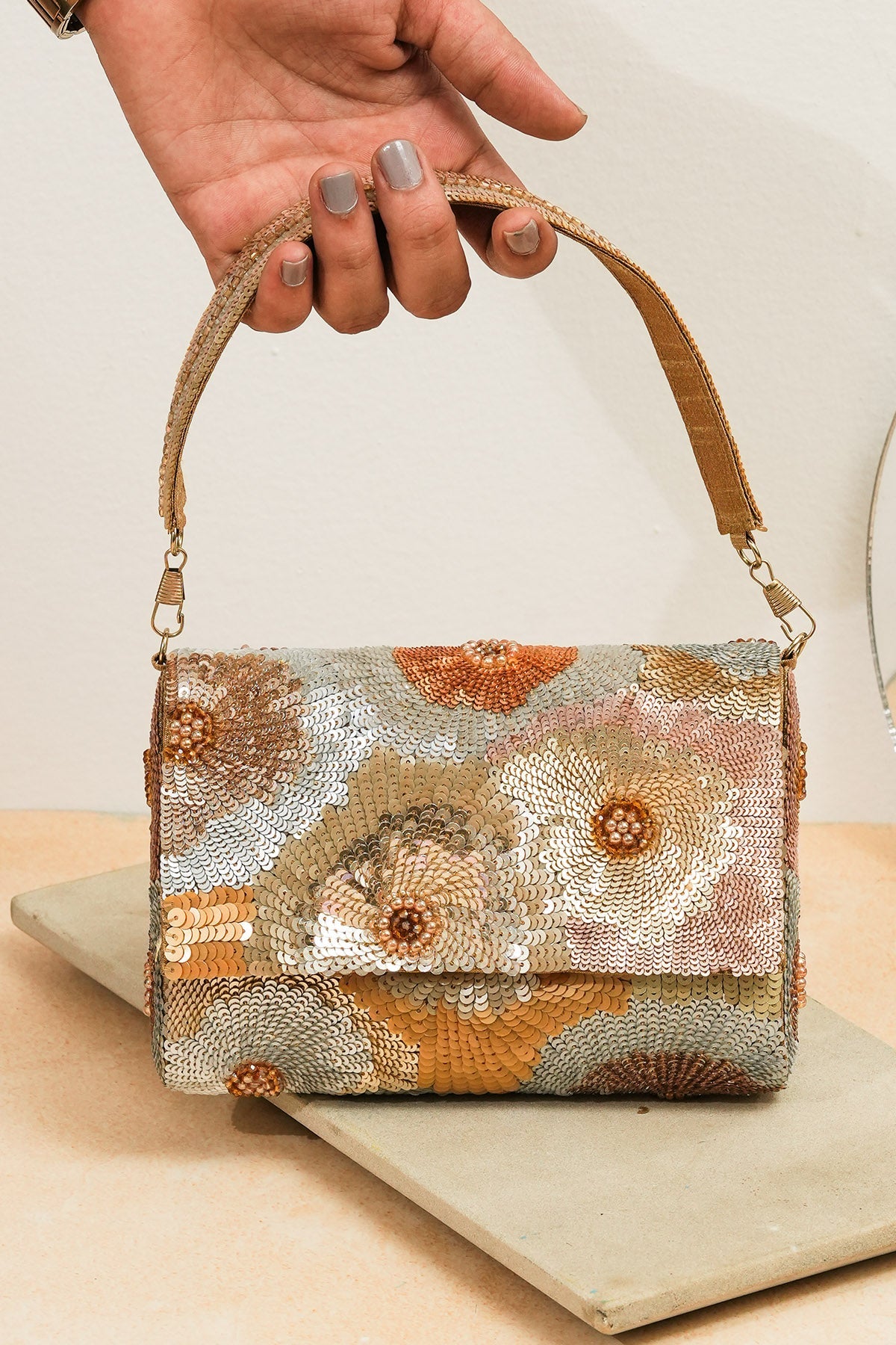 Buy Golden Flower Sequins Clutch for women by the Purple sack online available at scrollnshops