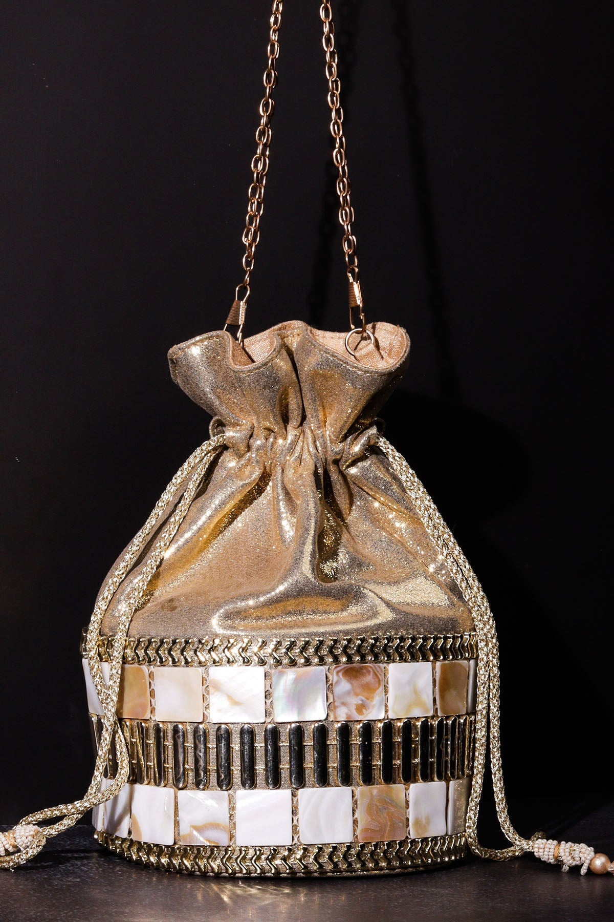 Buy Golden Leatherite Pearl Potli for women by the Purple sack online available at scrollnshops