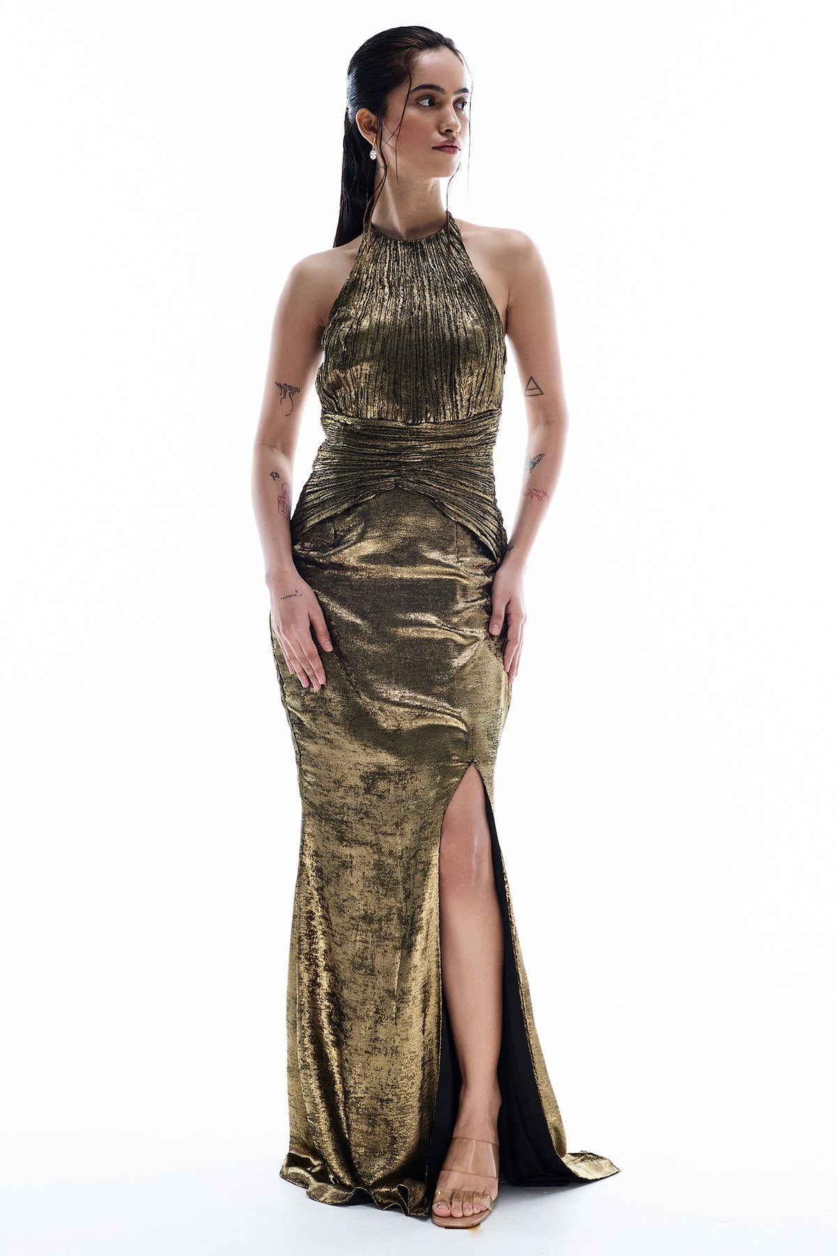 Buy Golden Metallic Slit Maxi Dress for women by GKDedit online available at scrollnshops