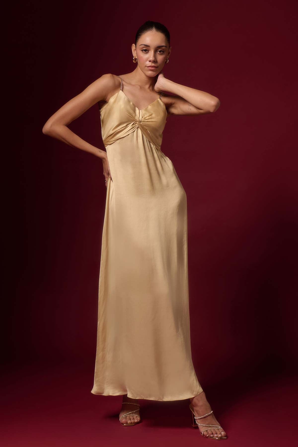 Buy Golden Modal Drape Maxi Dress by Emblaze for women online at ScrollnShops