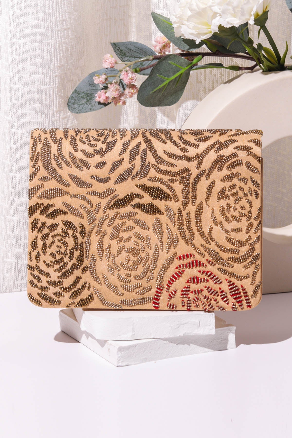 Buy Golden Raw Silk Beads Clutch for women by the Purple sack online available at scrollnshops