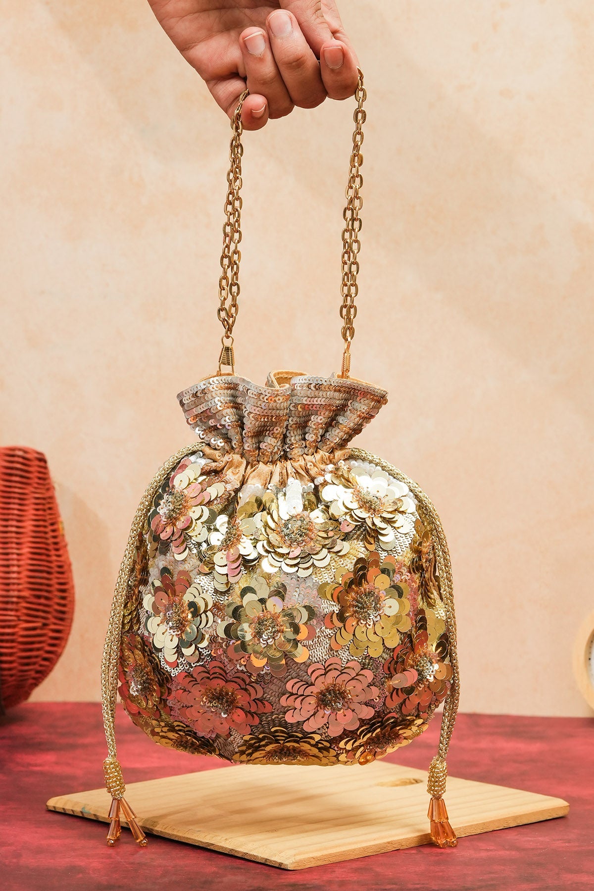 Buy Golden Raw Silk Flower Potli for women by the Purple sack online available at scrollnshops