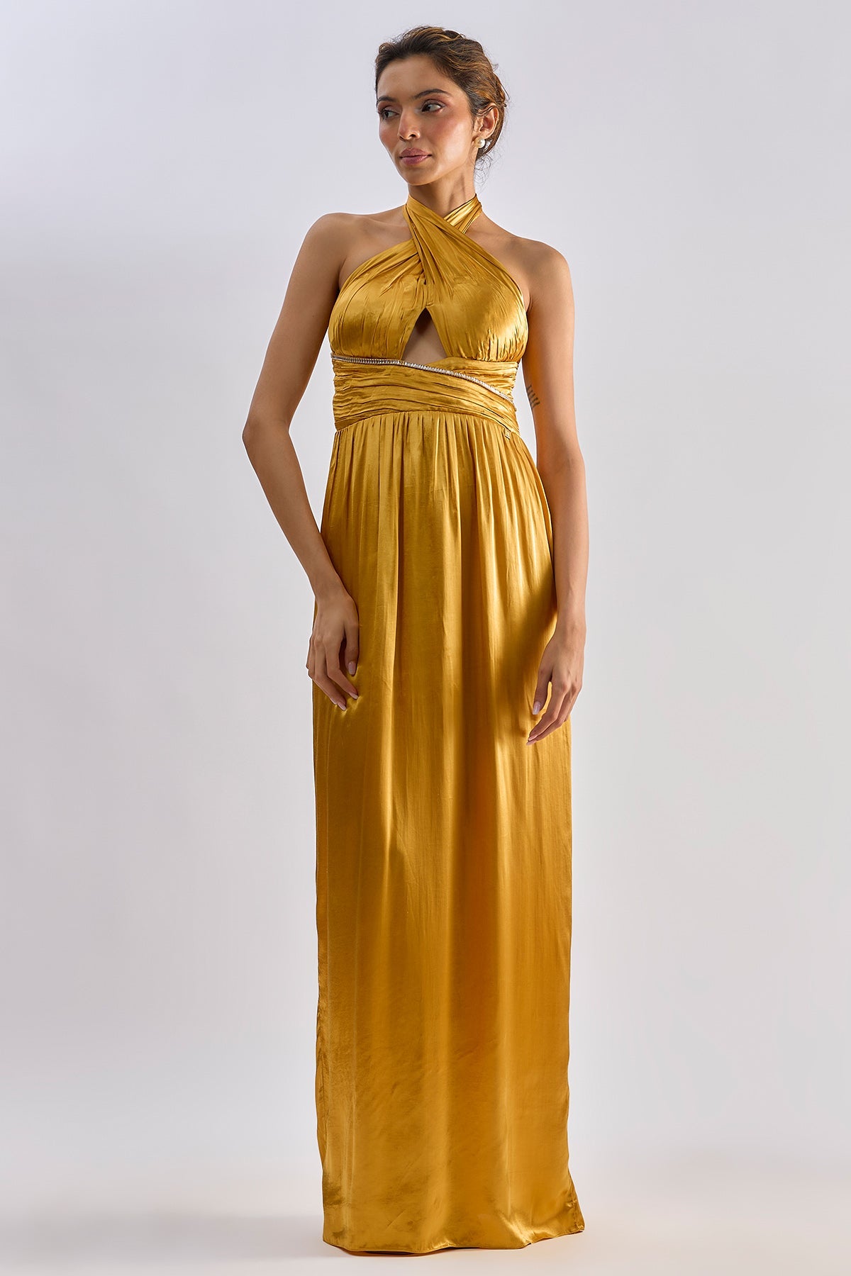 Buy Golden Satin Halter Neck Dress for women by Emblaze online available at scrollnshops