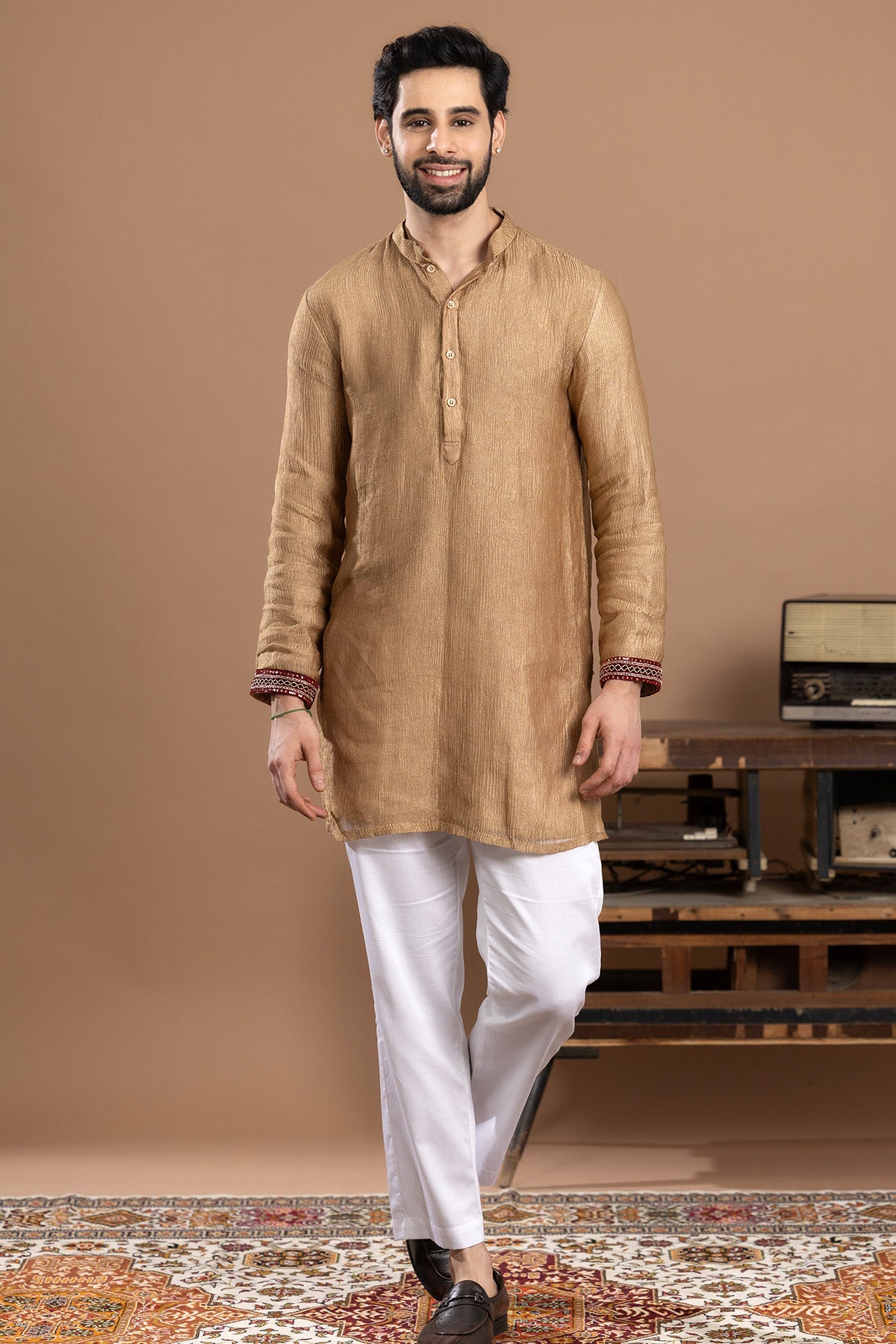 Buy Zardozi Tissue Golden Kurta Set for women by Rivaaj Couture online available at scrollnshops