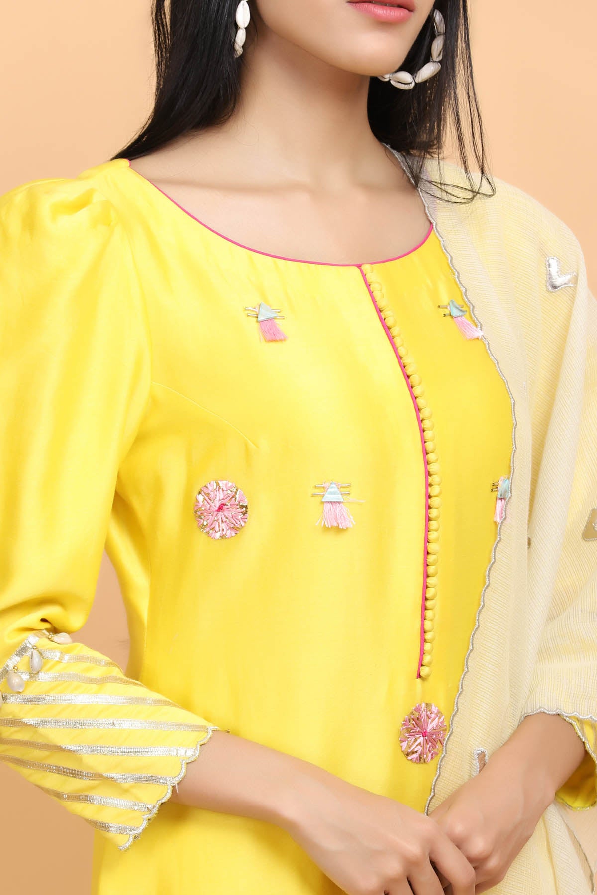 Yellow Gota Work Jaal Kurta Set