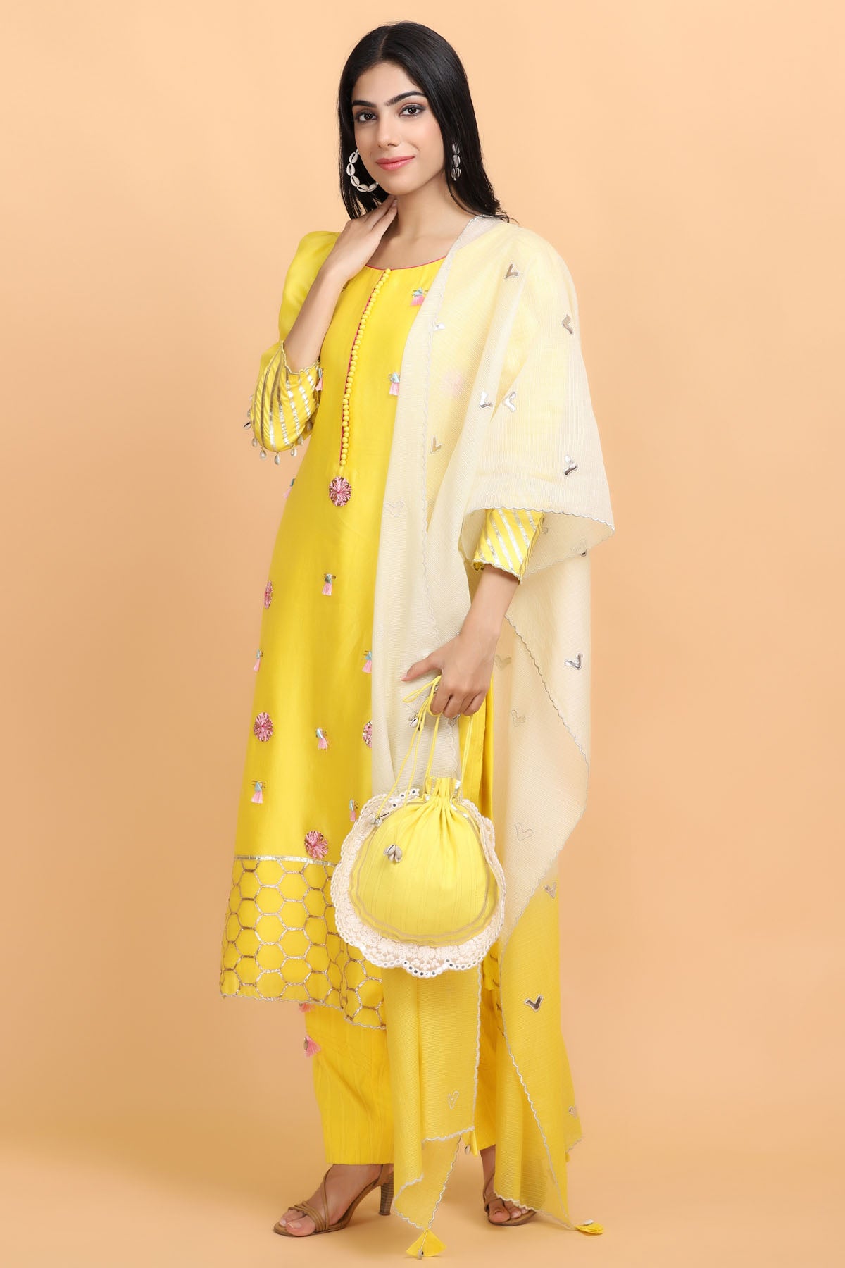 Yellow Gota Work Jaal Kurta Set