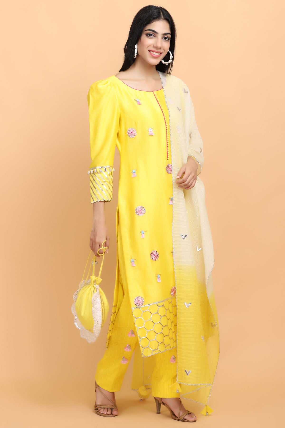 Yellow Gota Work Jaal Kurta Set