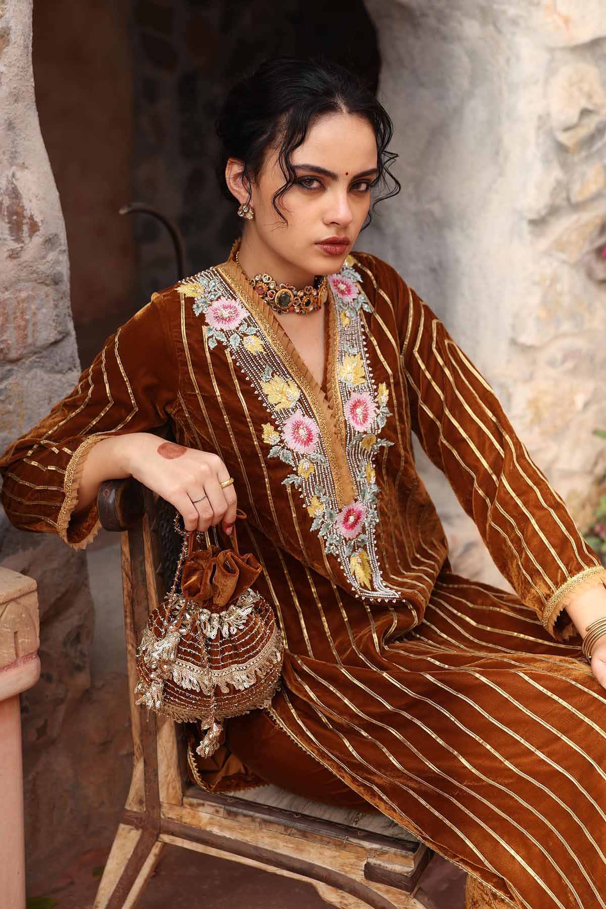 Gota Embroidered Gold Kurta Set