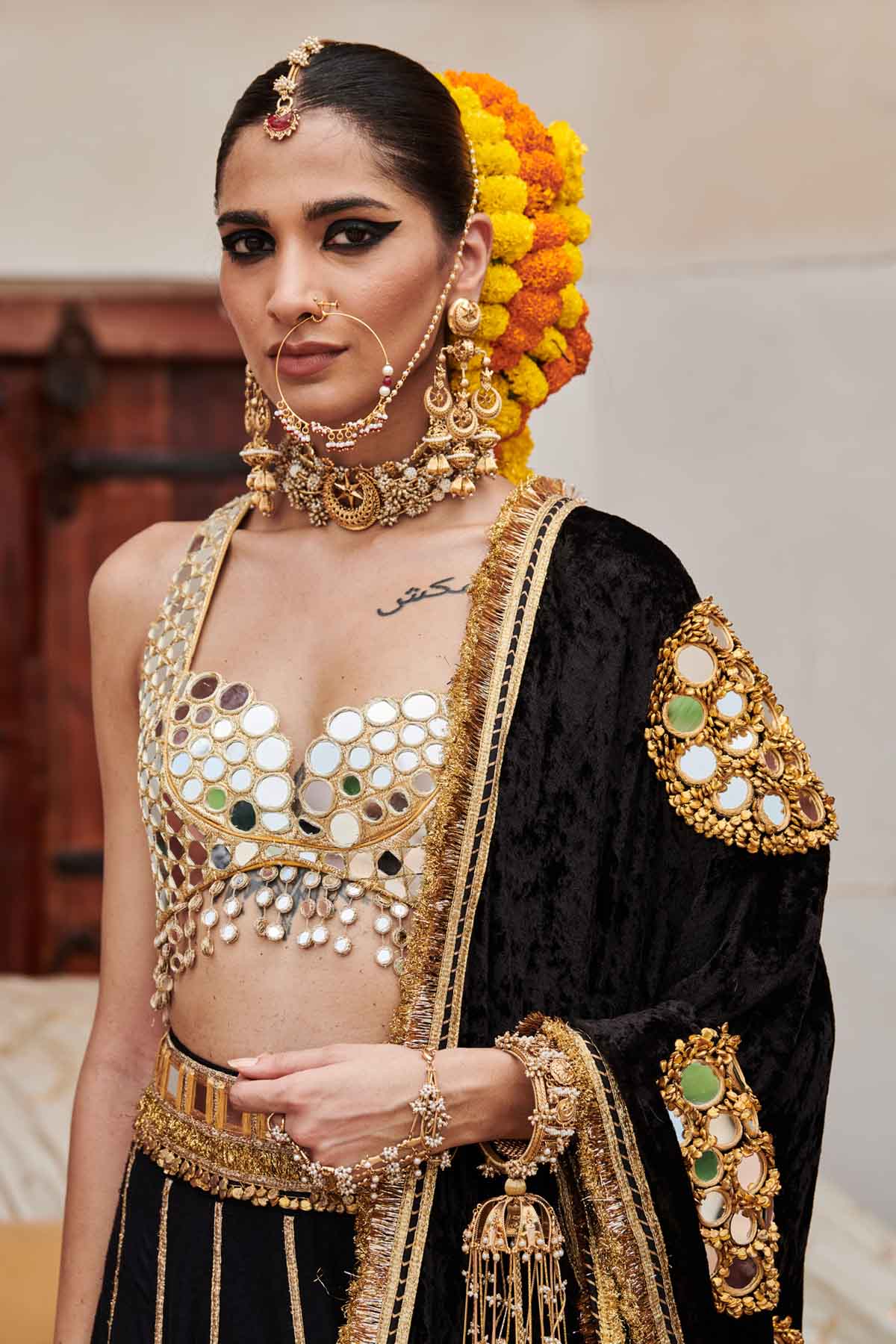 Gota Stripes Black Lehenga Set