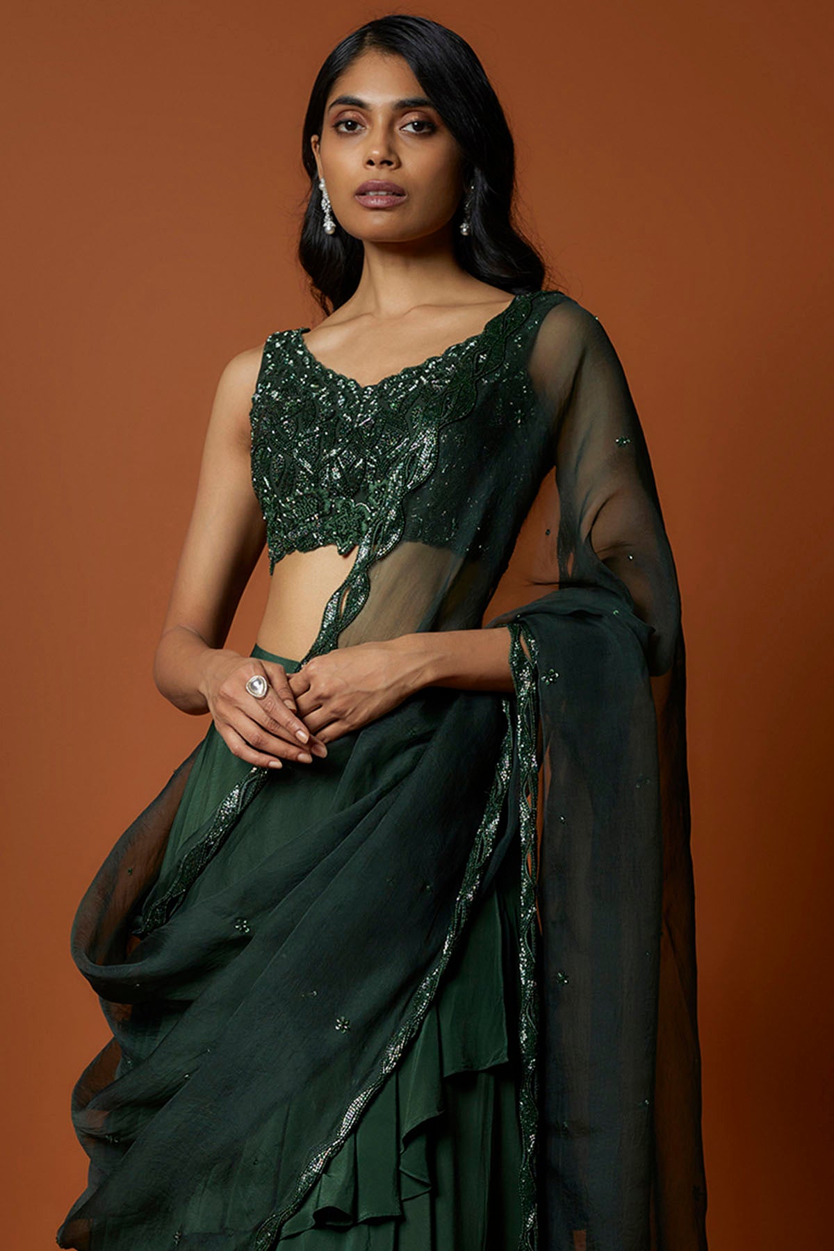 Green Asymmetrical Lehenga Set