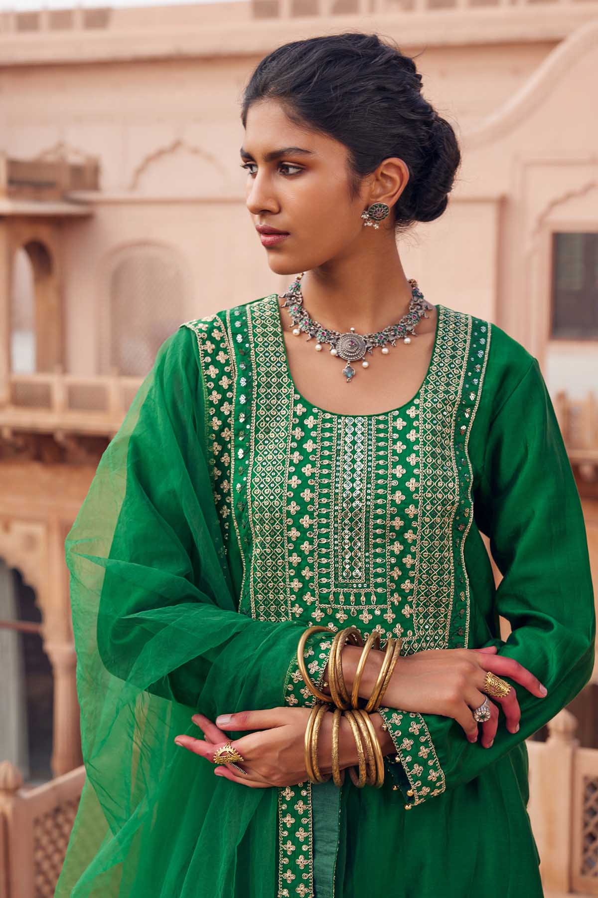 Yoke Embroidered Green Kurta Set