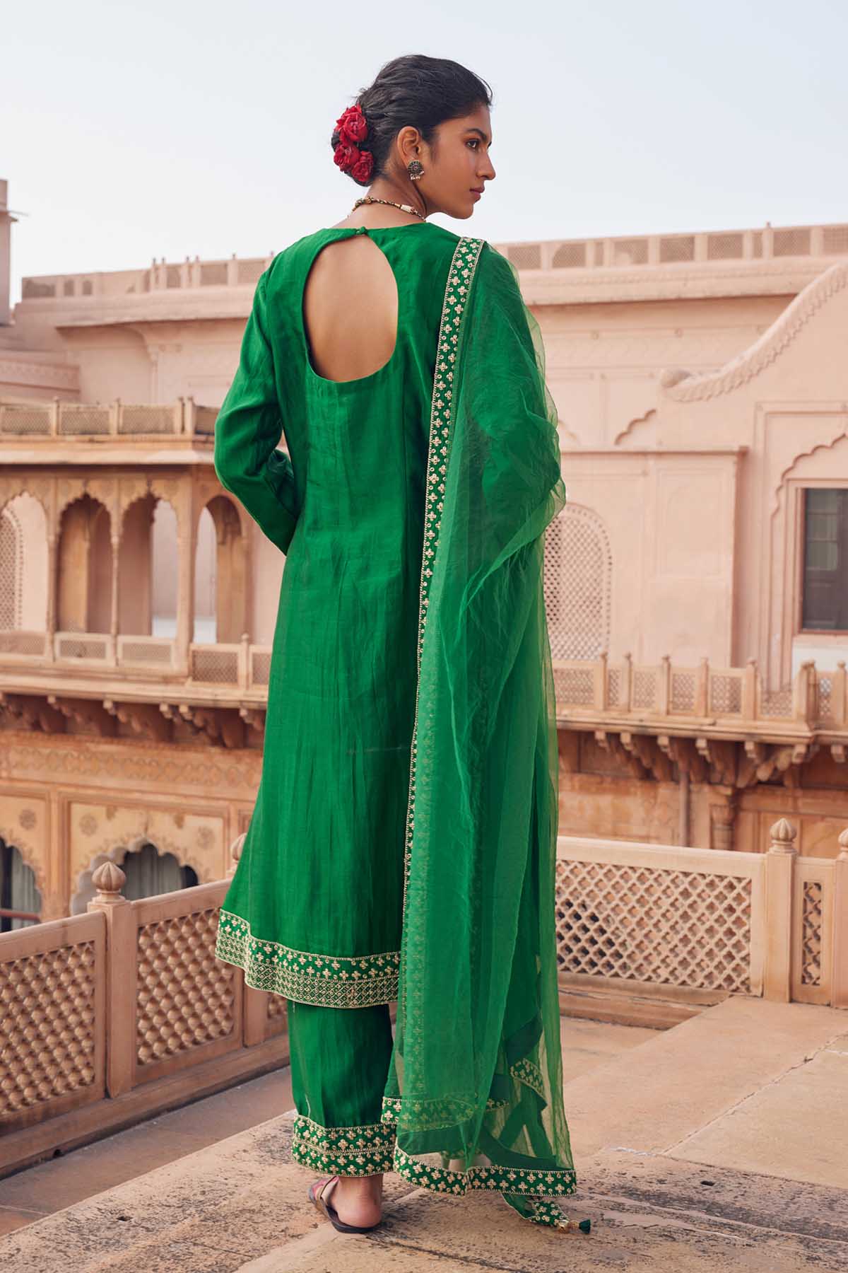 Yoke Embroidered Green Kurta Set
