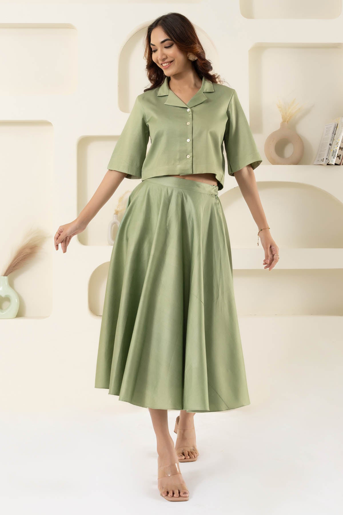 Buy Green Collar Top & Flared Skirt Online