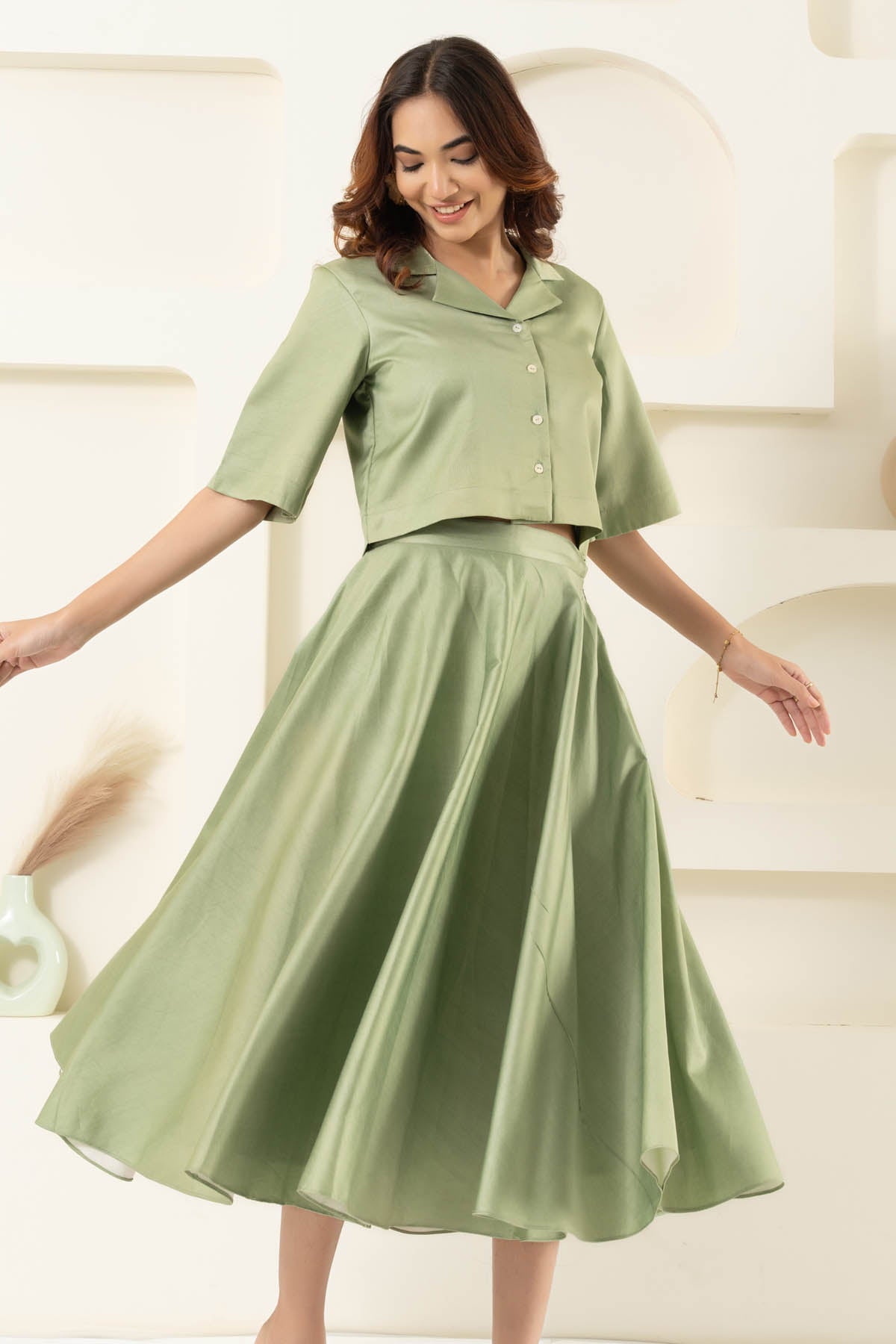 Green Collar Top & Flared Skirt
