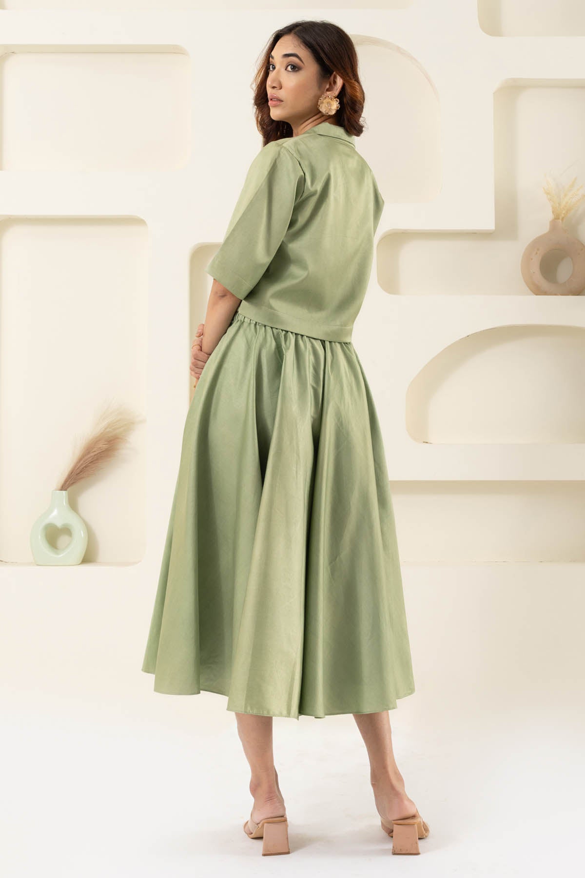 Green Collar Top & Flared Skirt