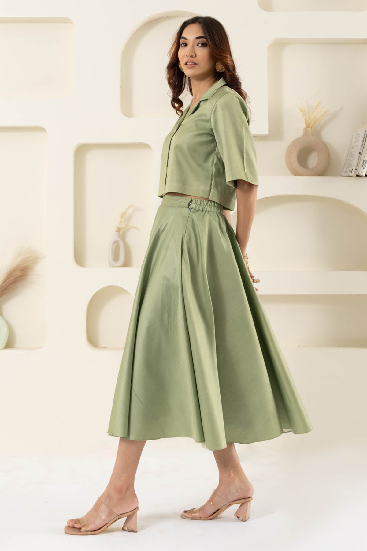 Green Collar Top & Flared Skirt