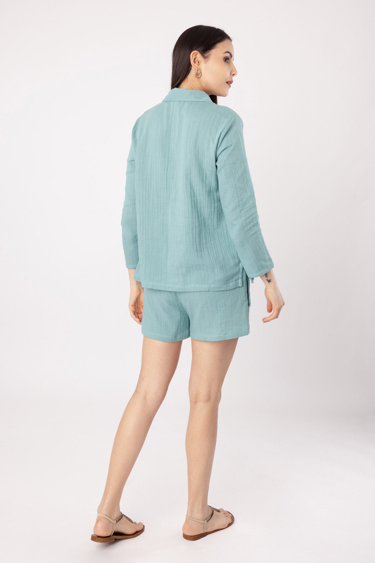 Green Cotton Blend Shorts Set