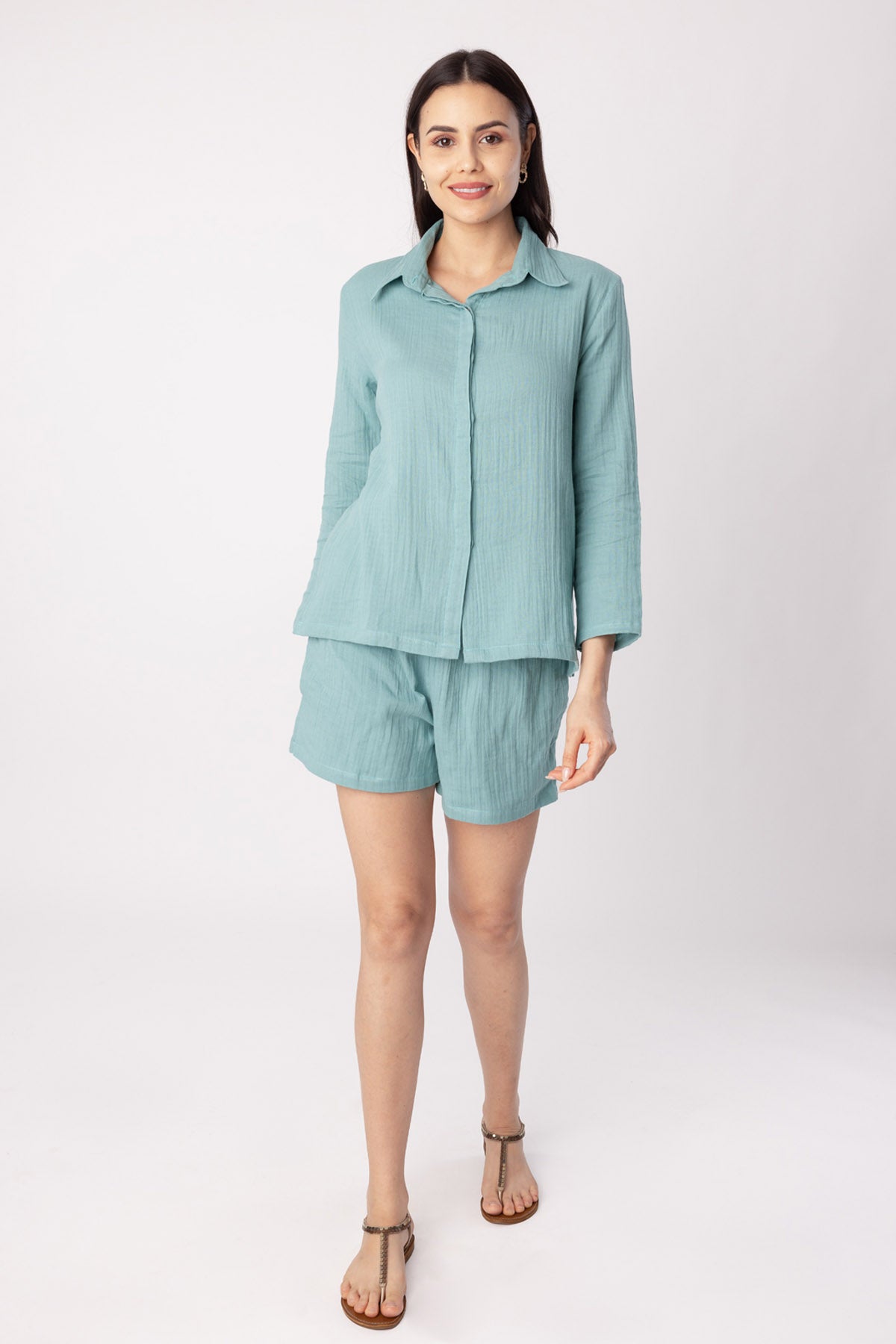 Green Cotton Blend Shorts Set