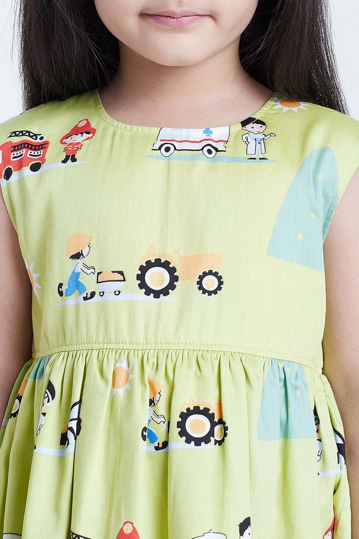 Green Cotton Car Printed Dress