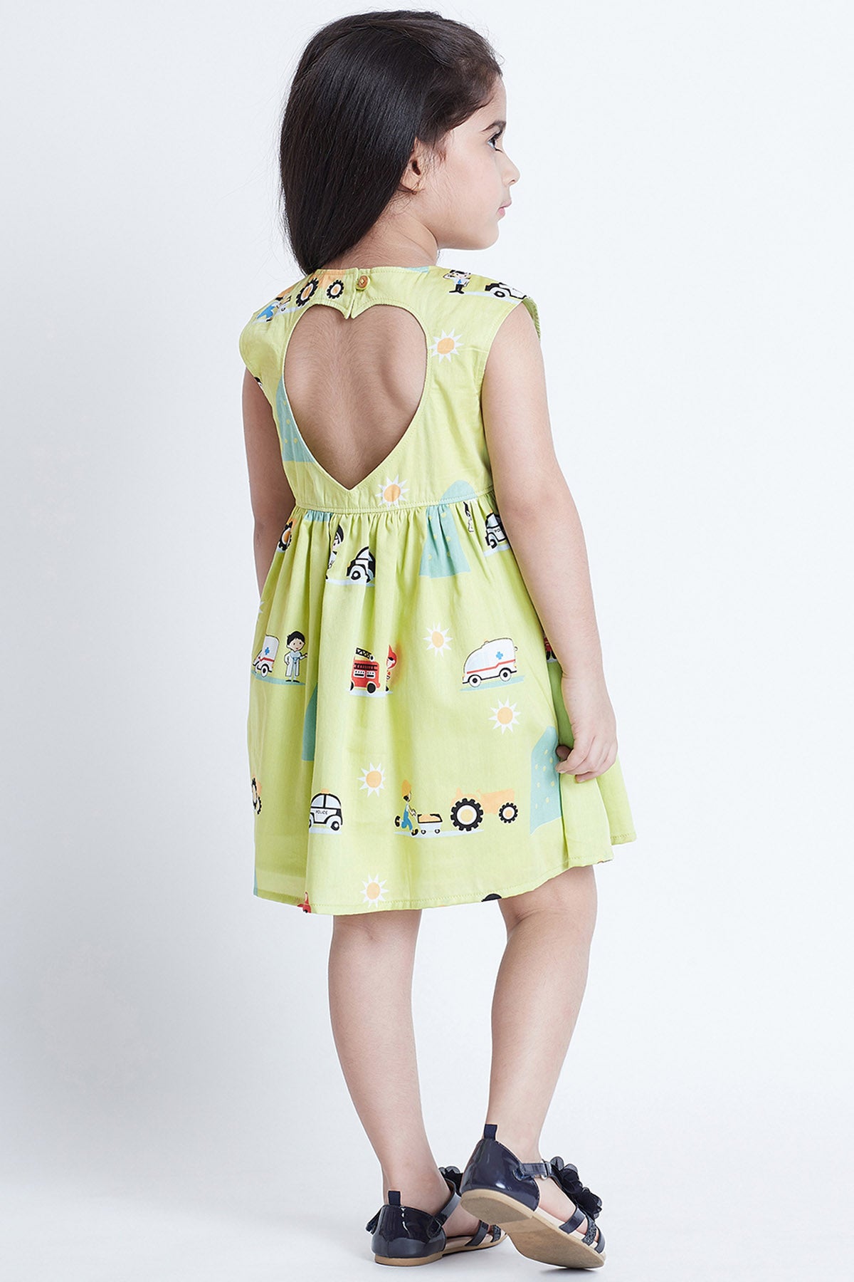 Green Cotton Car Printed Dress