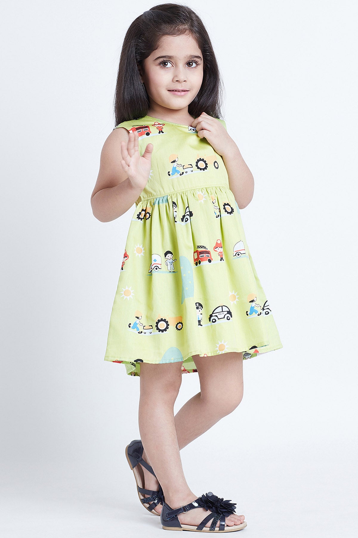 Green Cotton Car Printed Dress