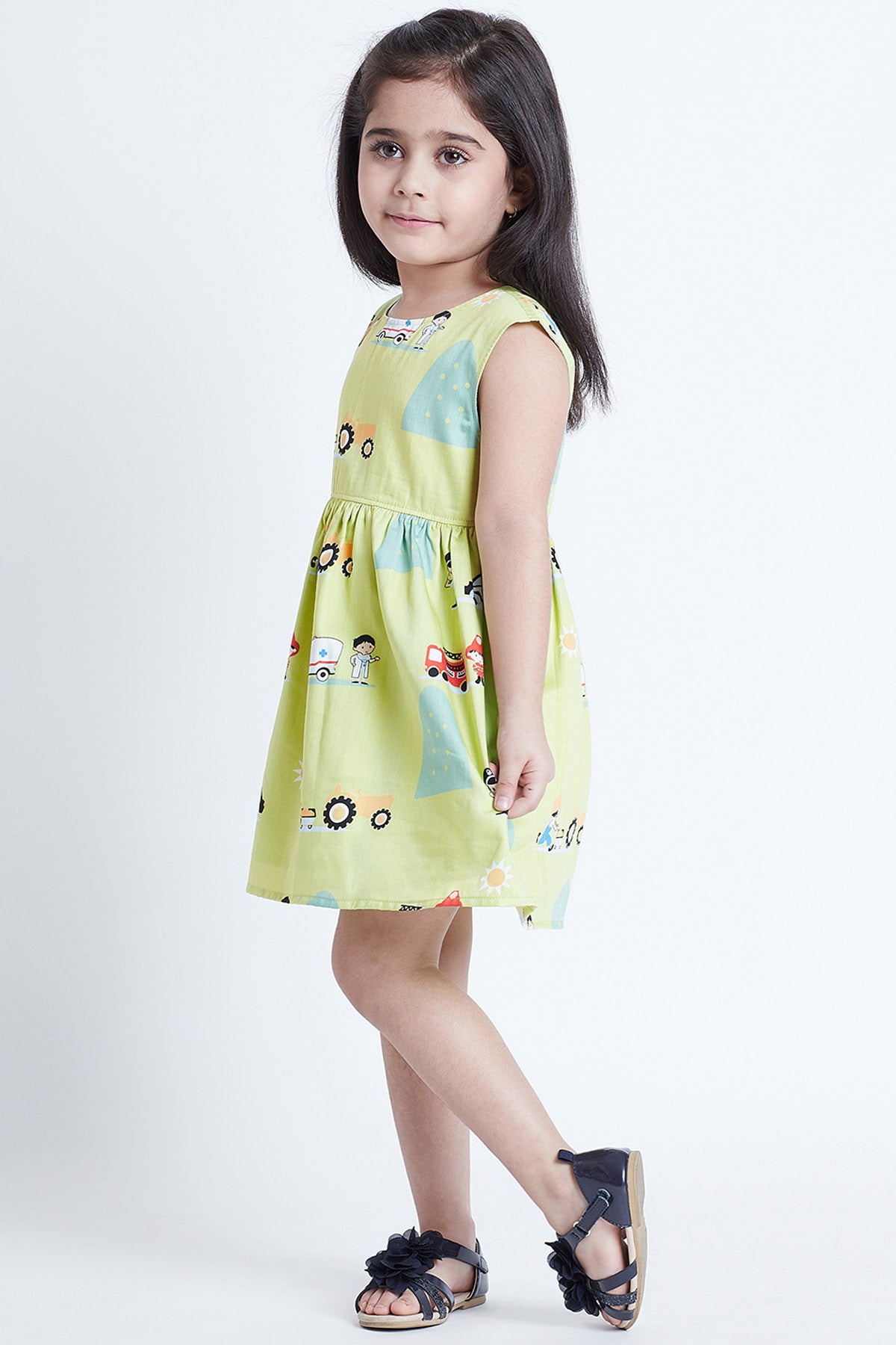 Green Cotton Car Printed Dress