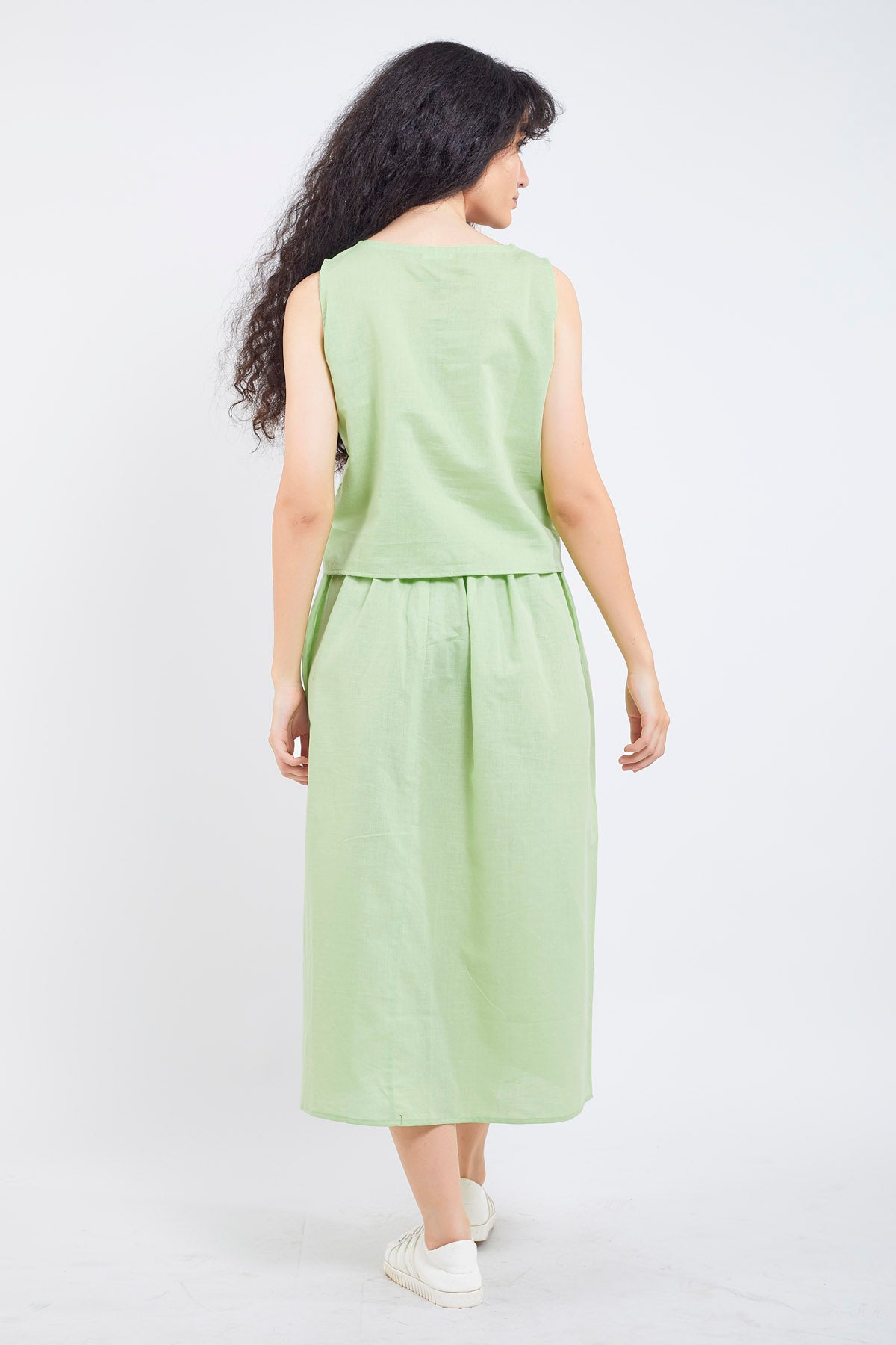Green Cotton Linen Skirt Set