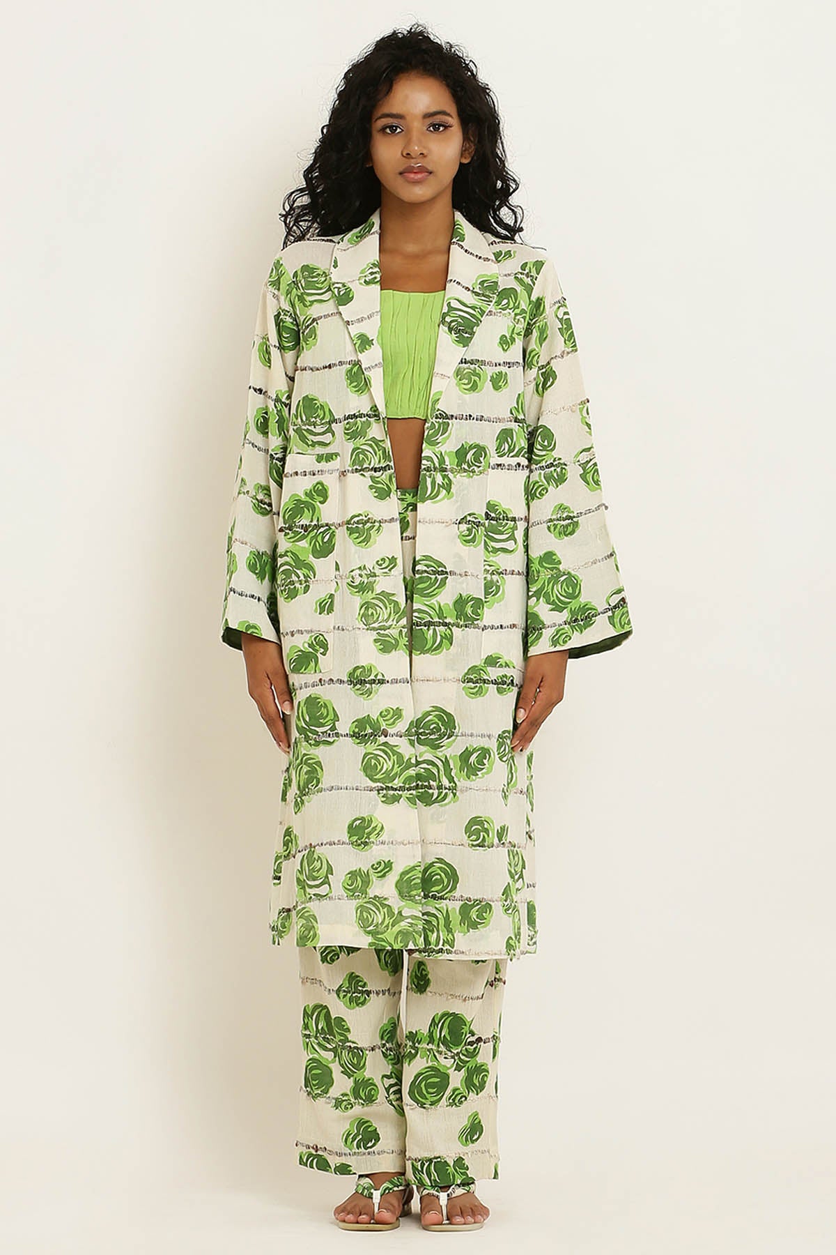 Green Cotton Rose Print Pants