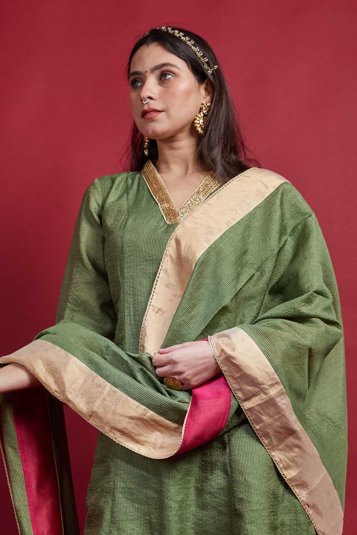 Green Cutdana Work Kurta Set