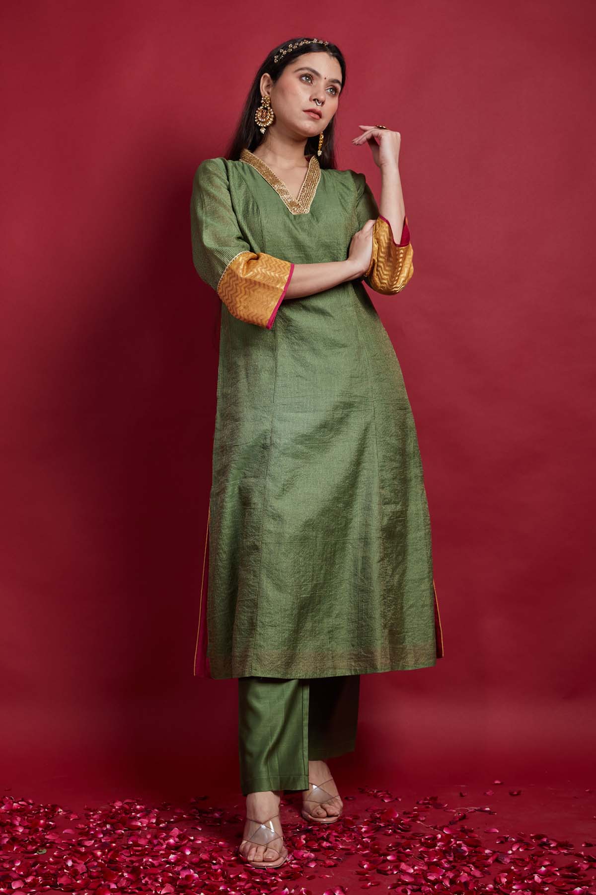 Green Cutdana Work Kurta Set