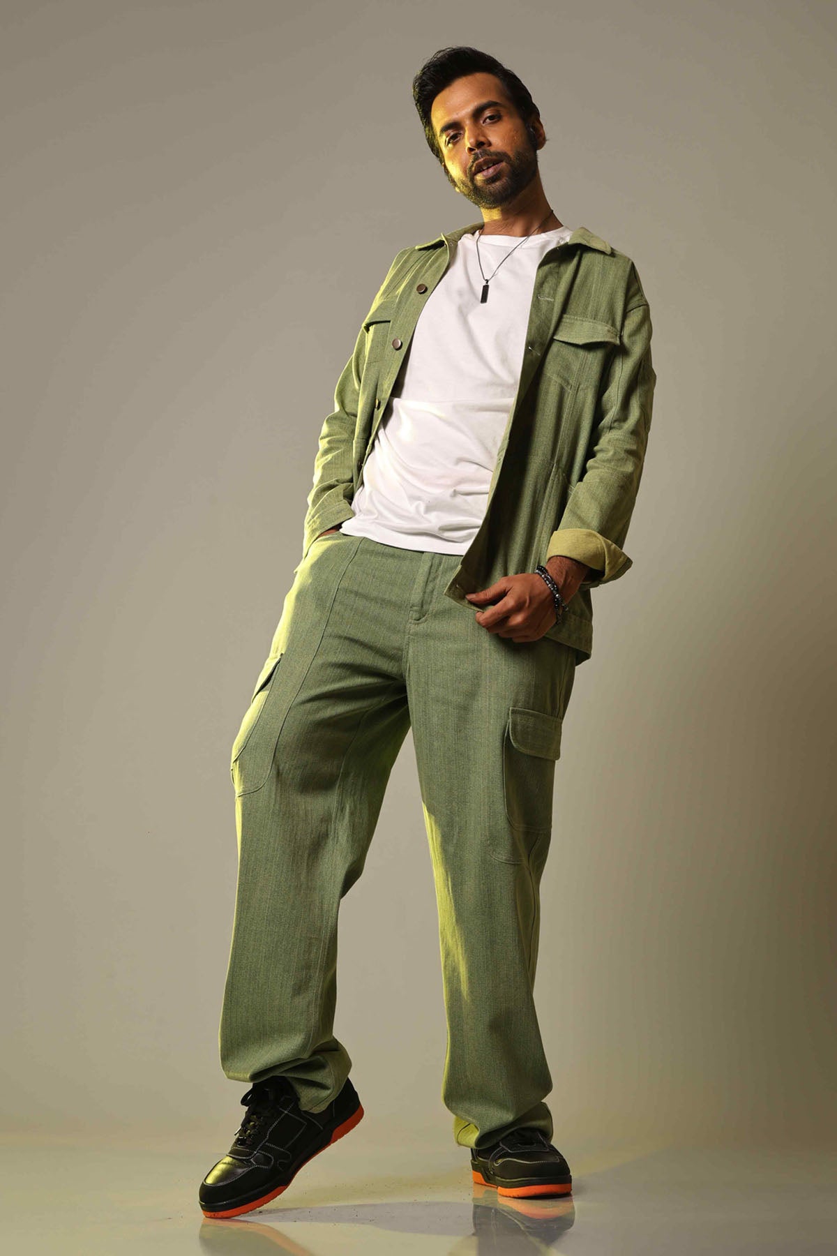 Green Denim Straight Pants