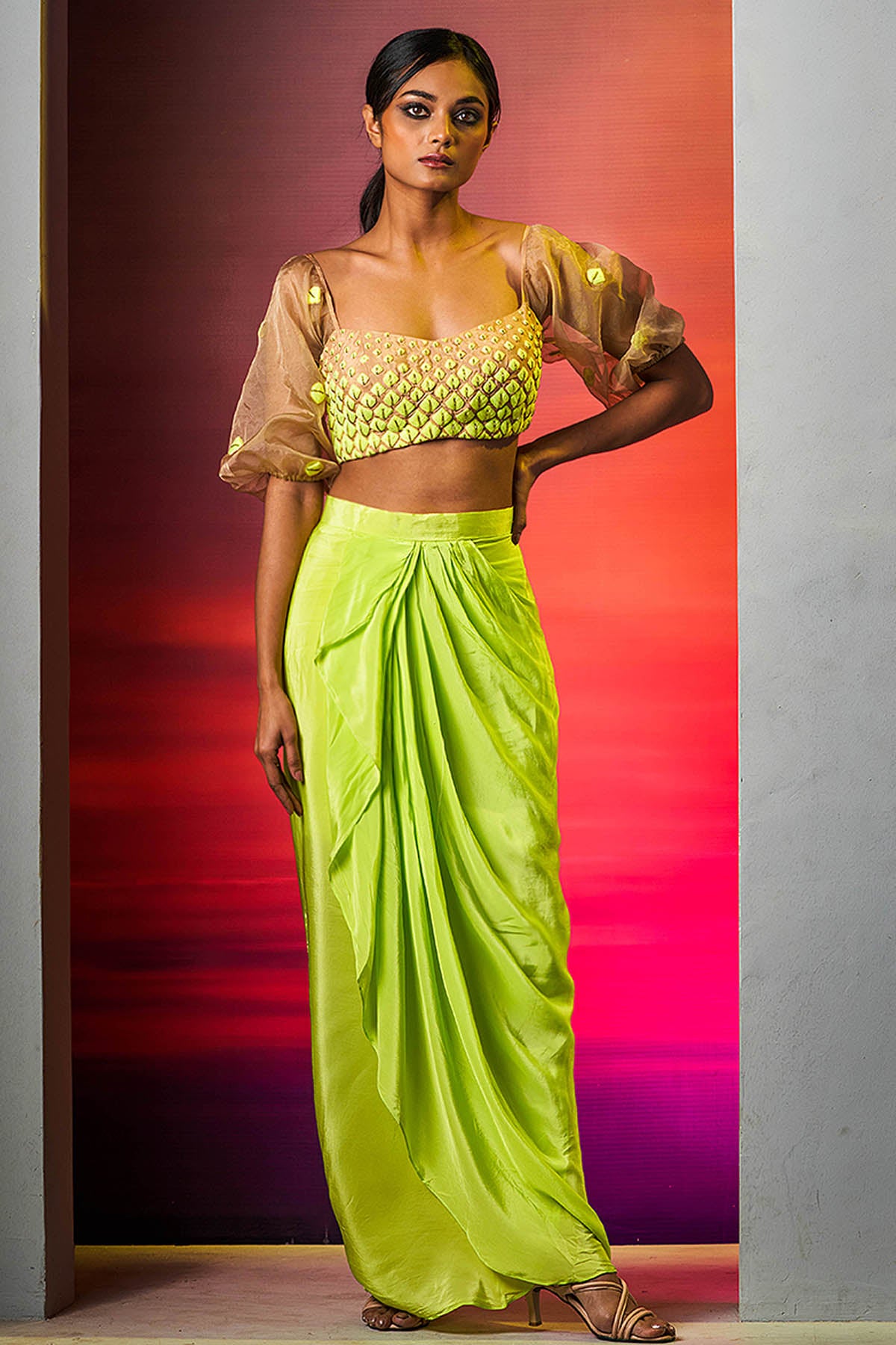 Green Draped Skirt & Top Set