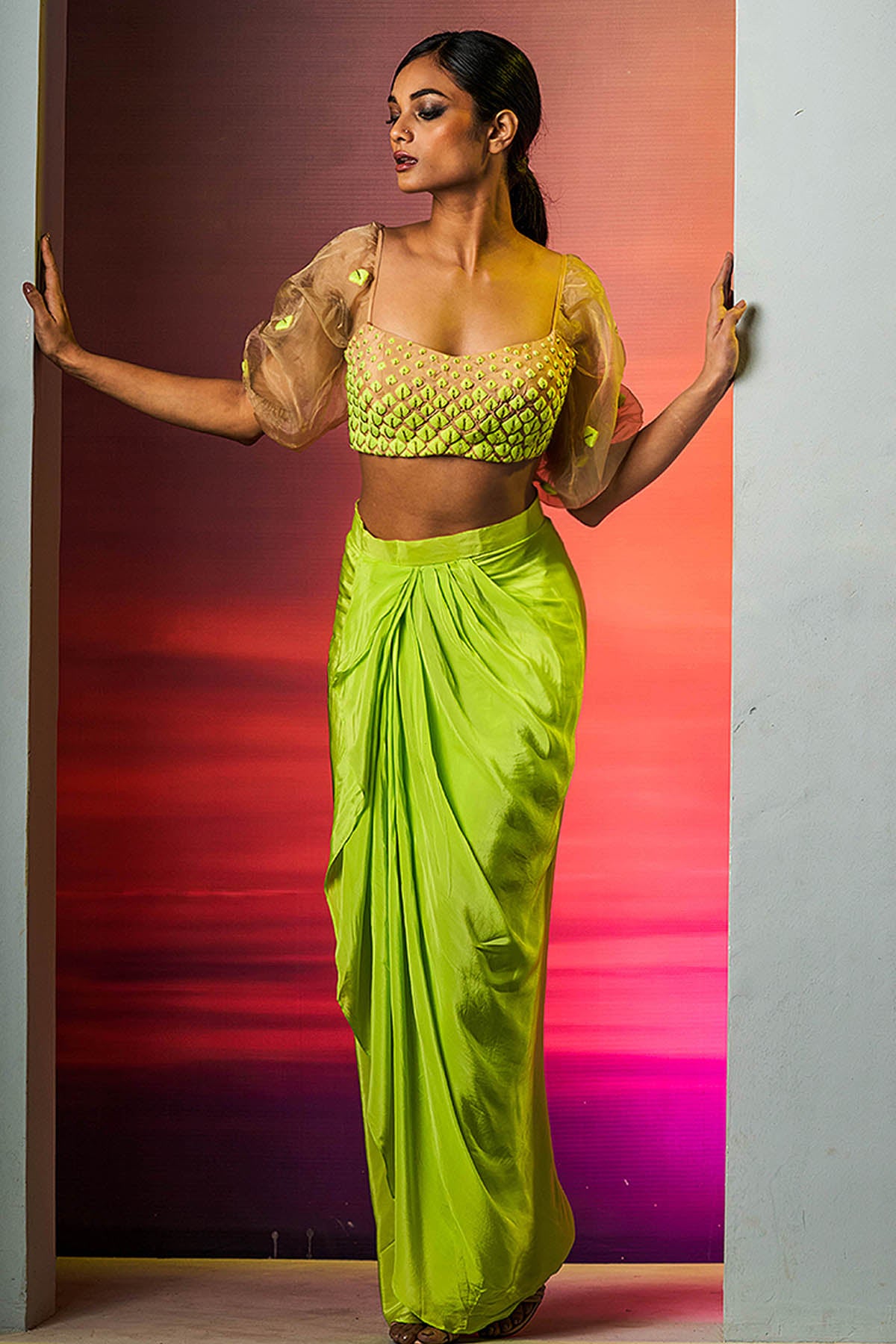 Green Draped Skirt & Top Set