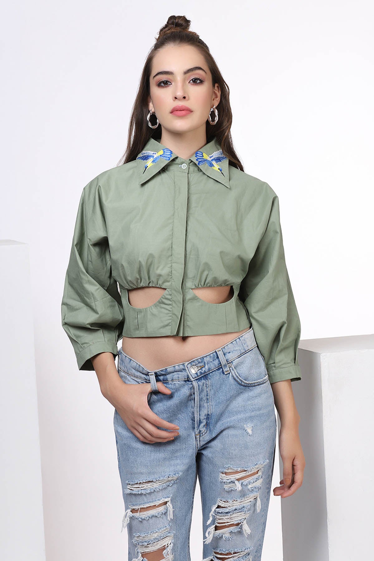 Green Embroidered Cut-Out Top