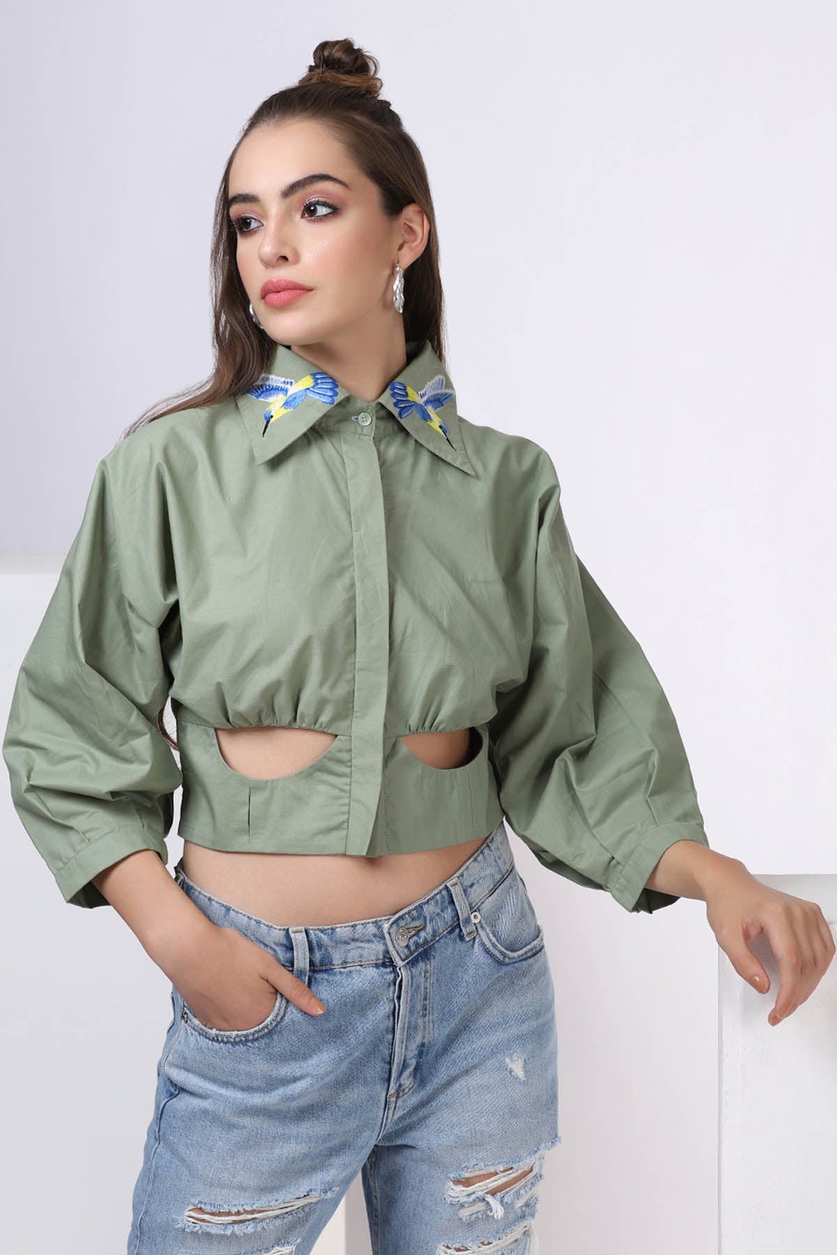Green Embroidered Cut-Out Top