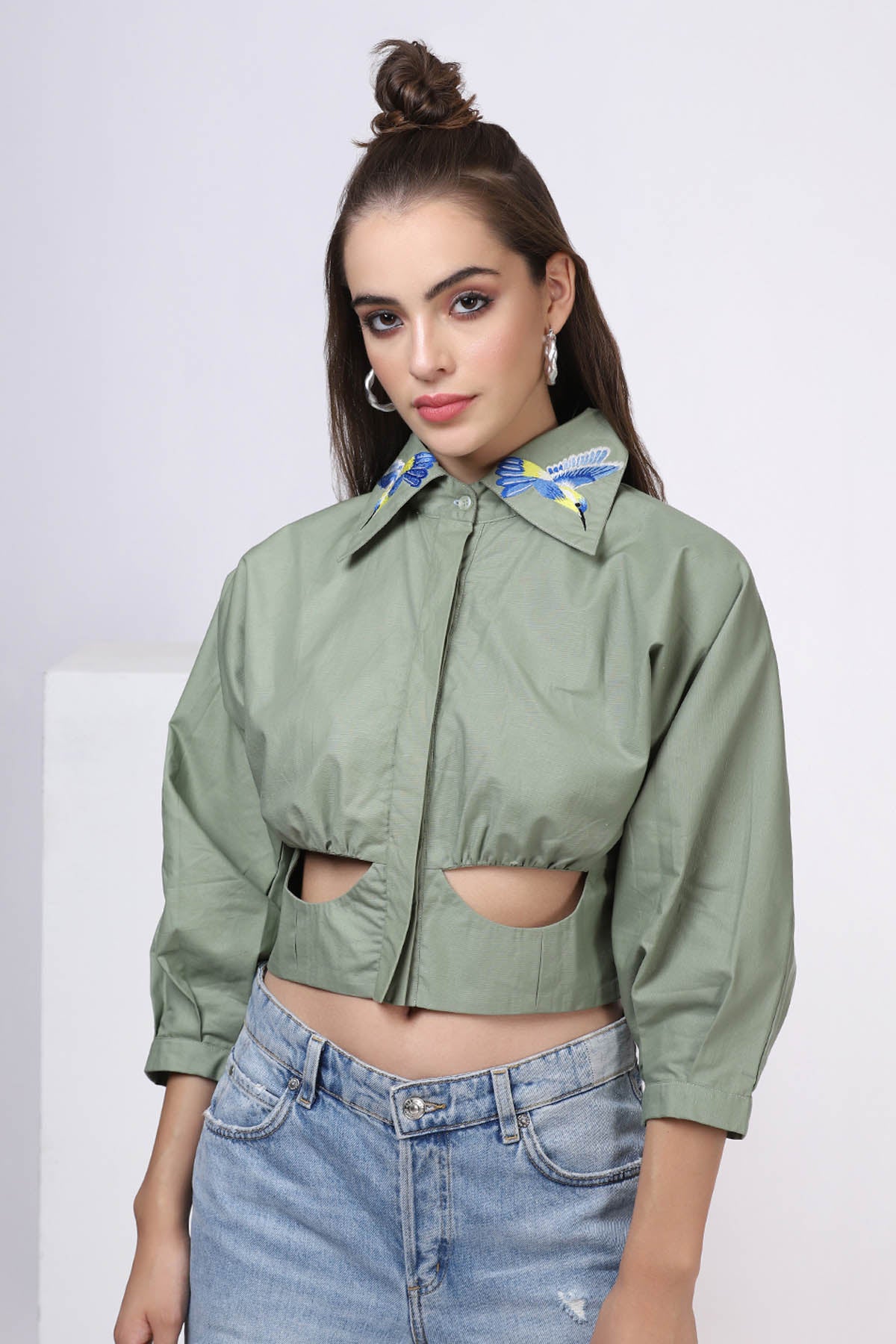 Green Embroidered Cut-Out Top