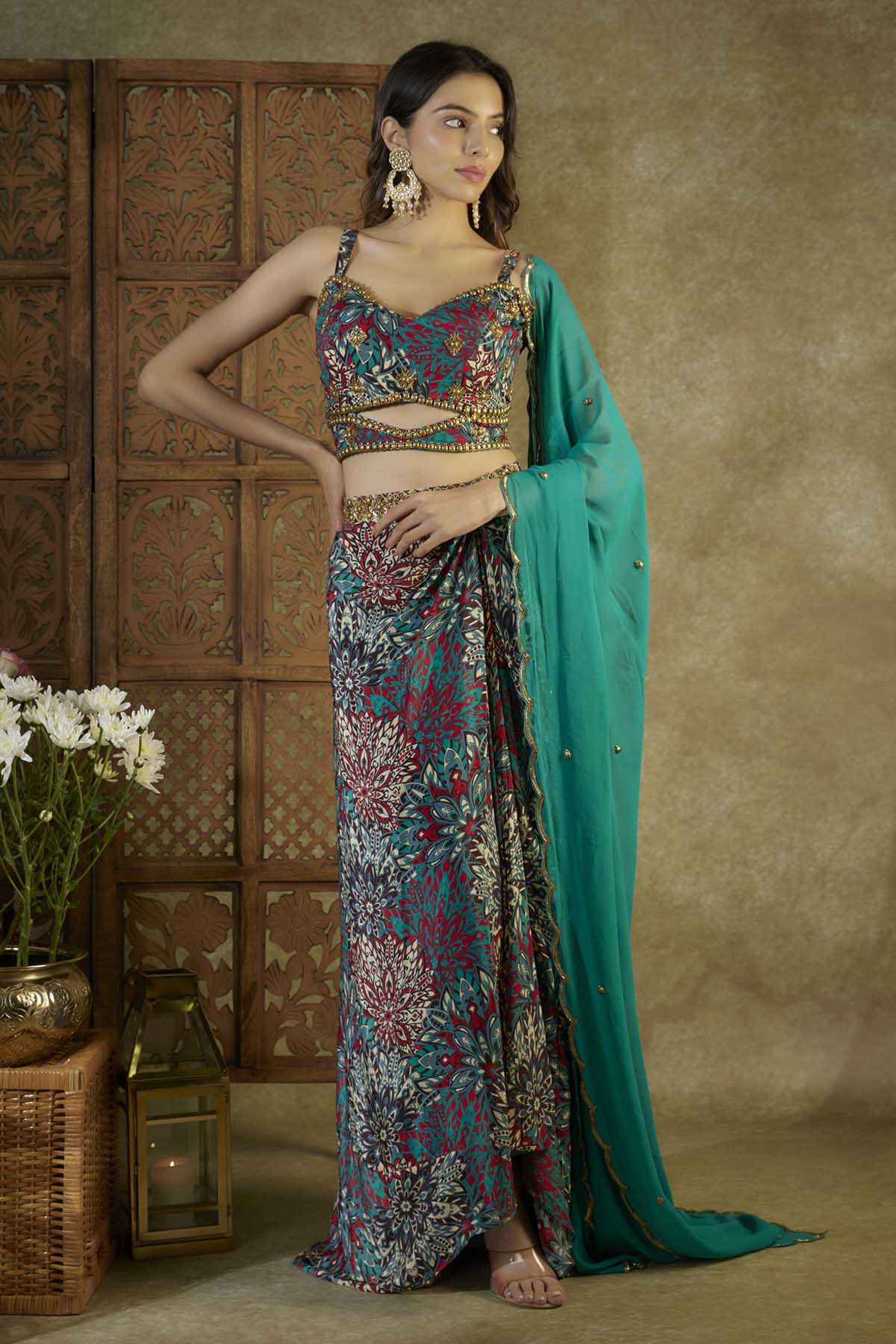 Green Embroidered Drape Skirt Set