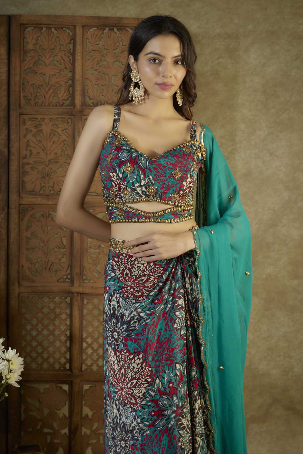 Green Embroidered Drape Skirt Set