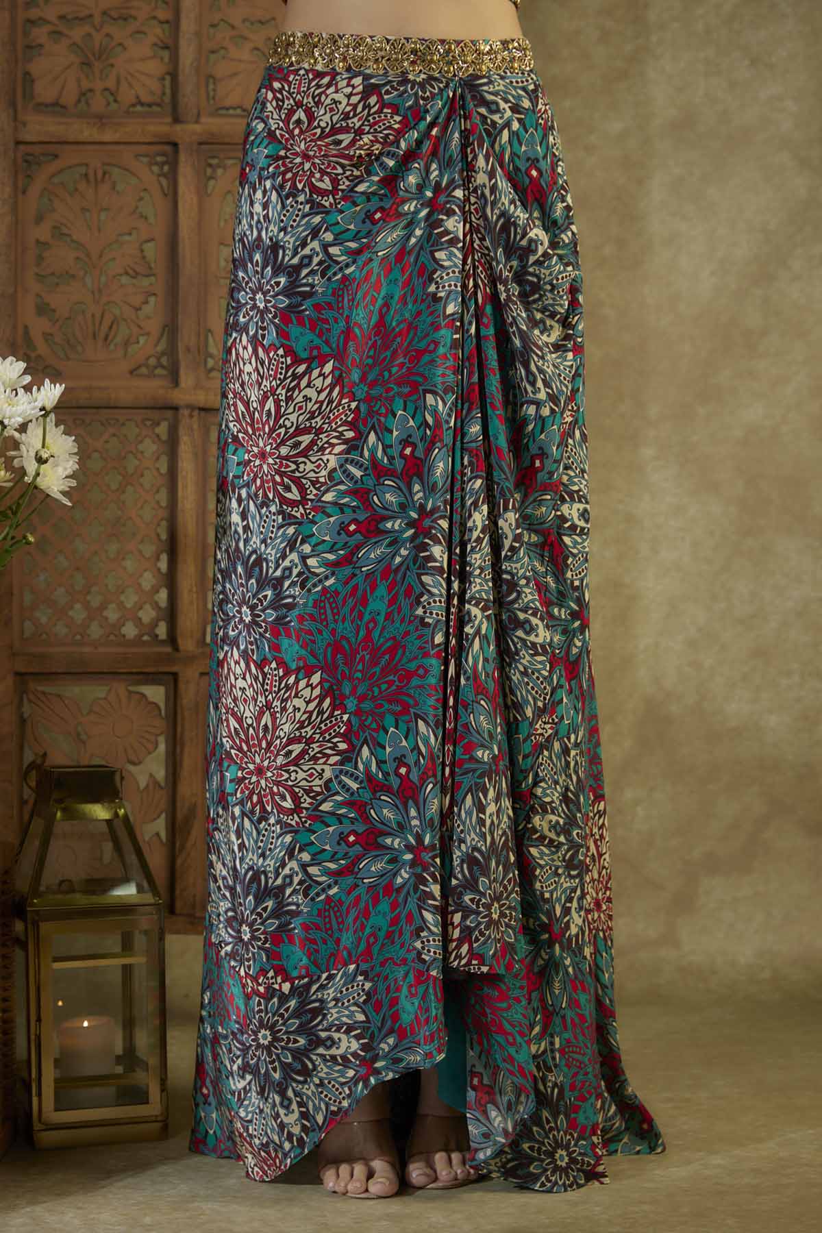 Green Embroidered Drape Skirt Set