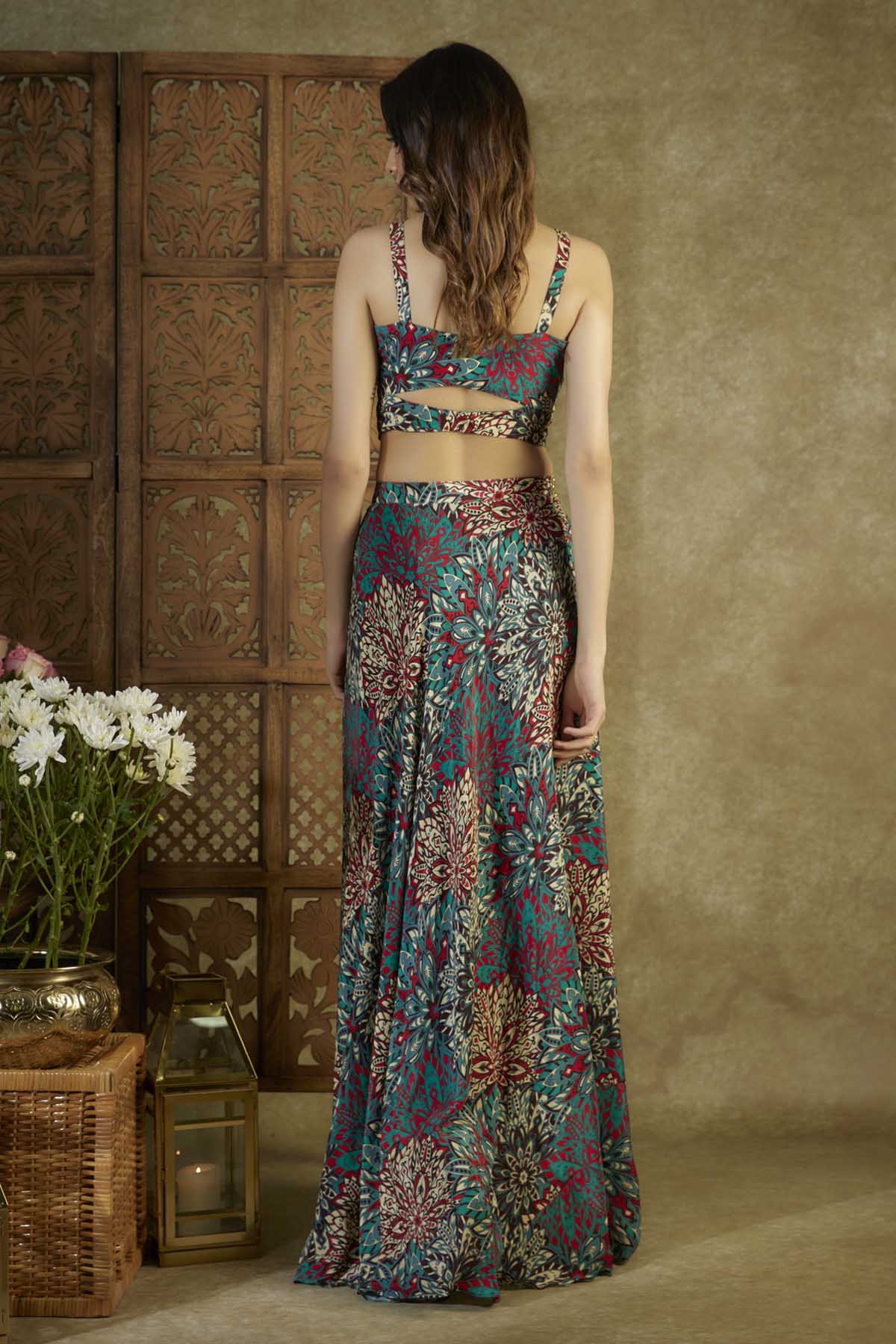 Green Embroidered Drape Skirt Set