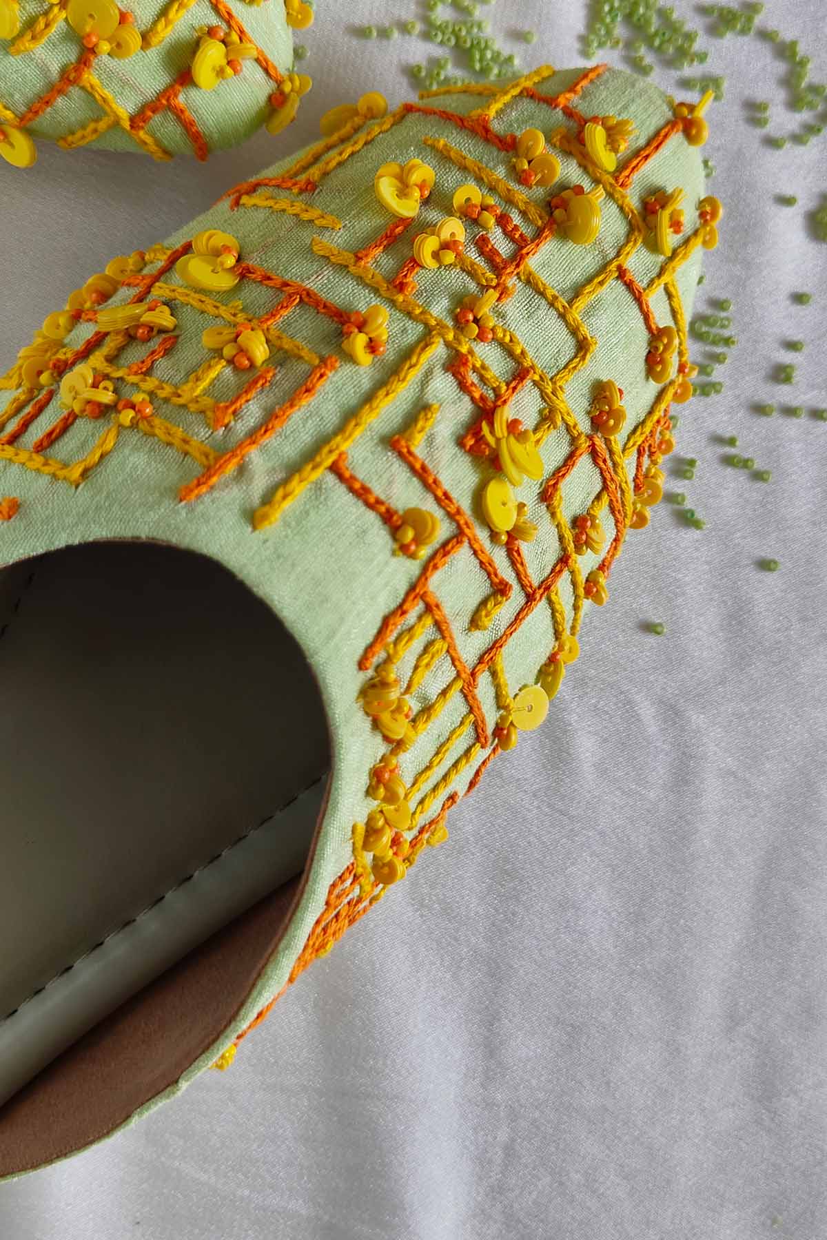 Green Embroidered Flat Mules