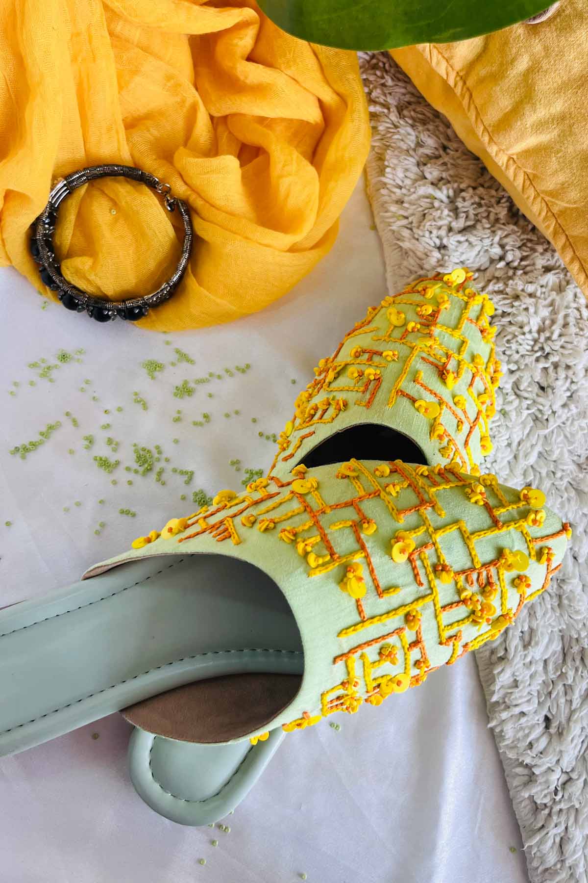 Green Embroidered Flat Mules