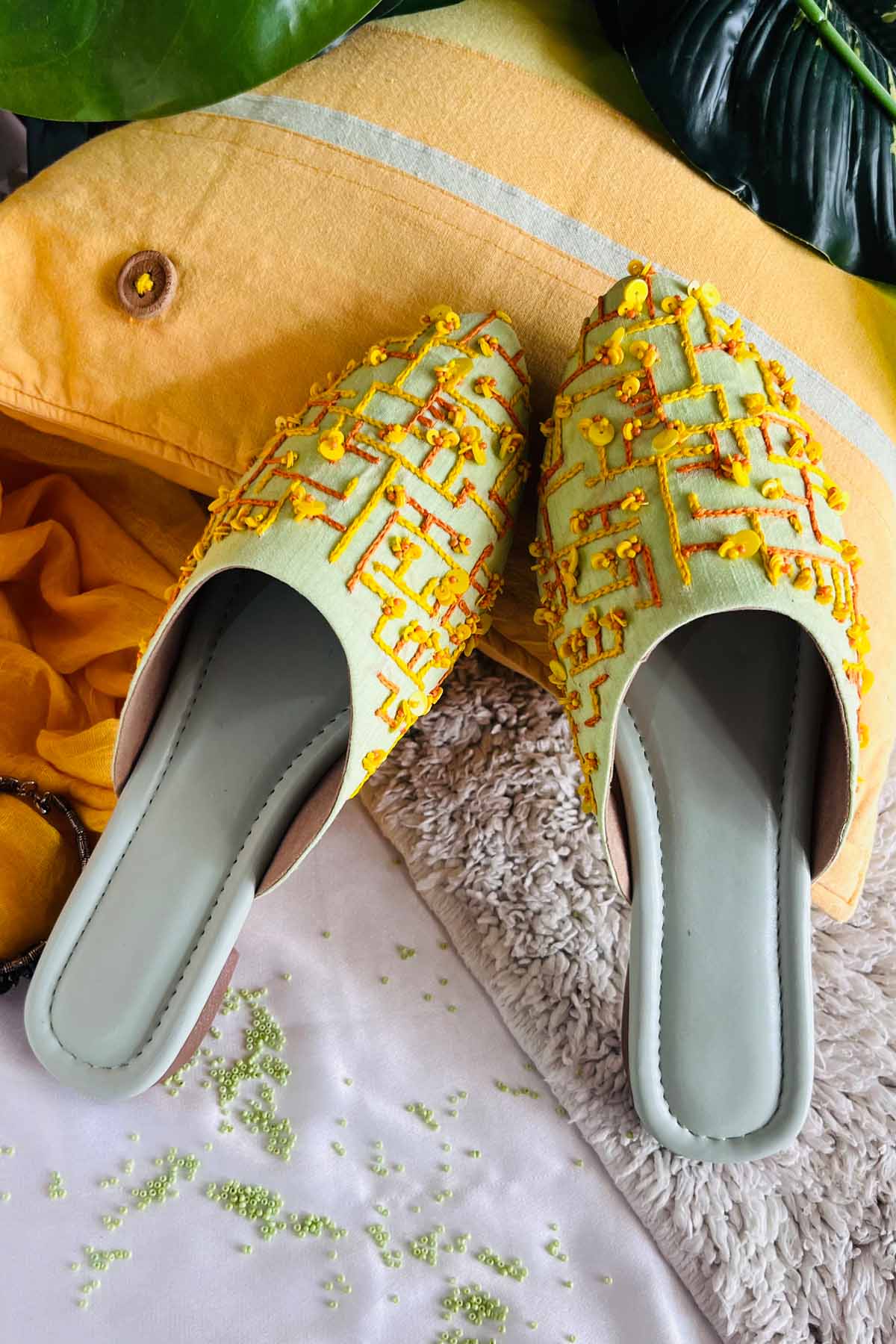 Green Embroidered Flat Mules