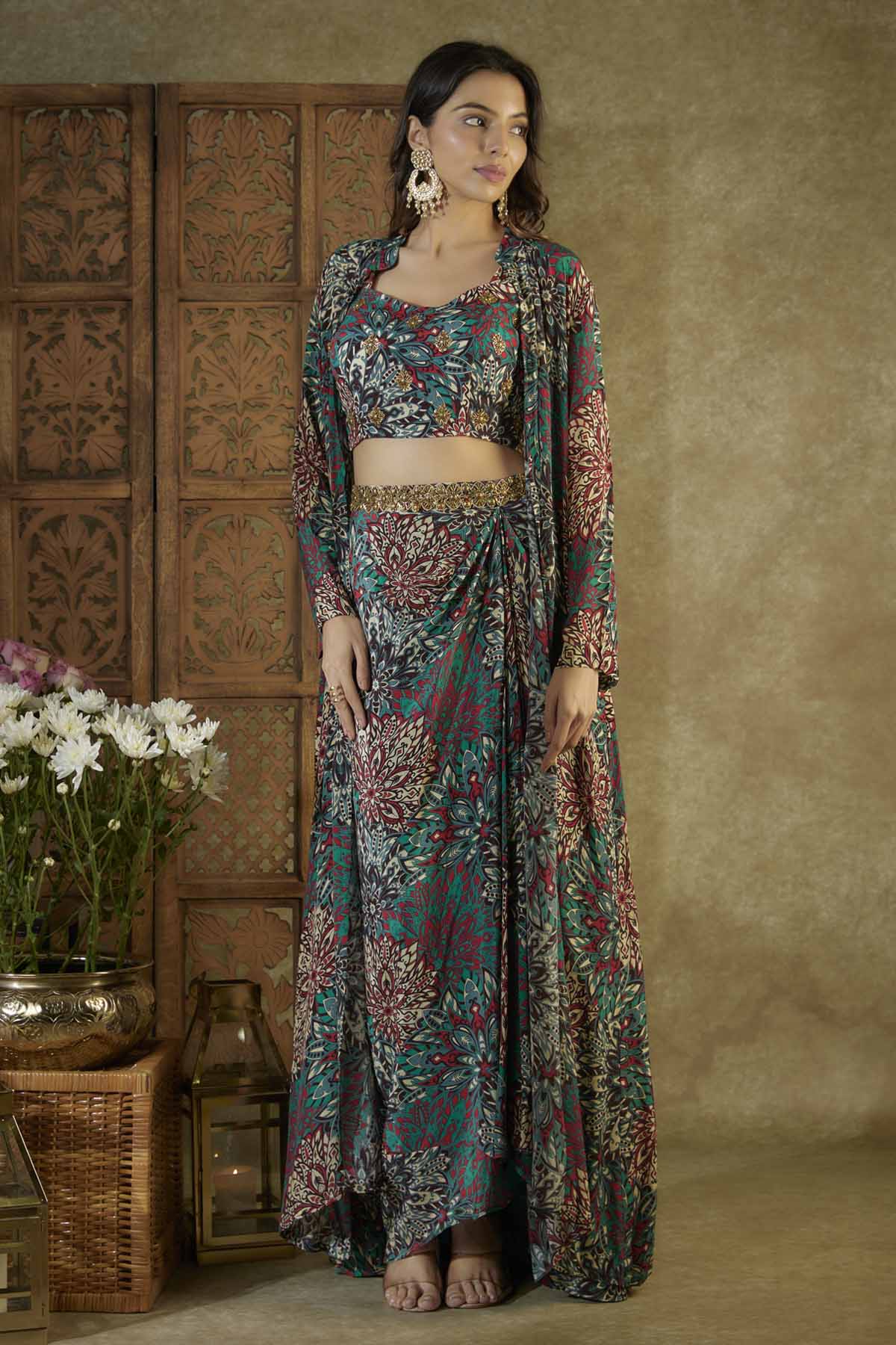 Green Embroidered Skirt & Jacket Set