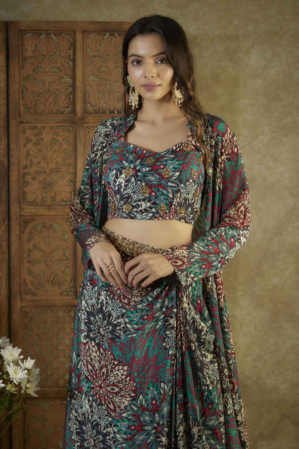 Green Embroidered Skirt & Jacket Set