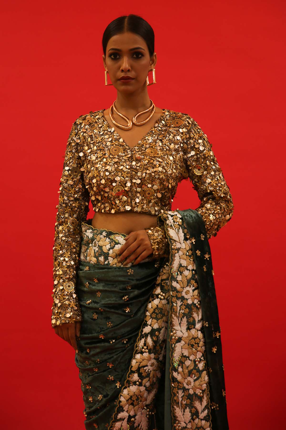 Green Embroidered Velvet Saree Set